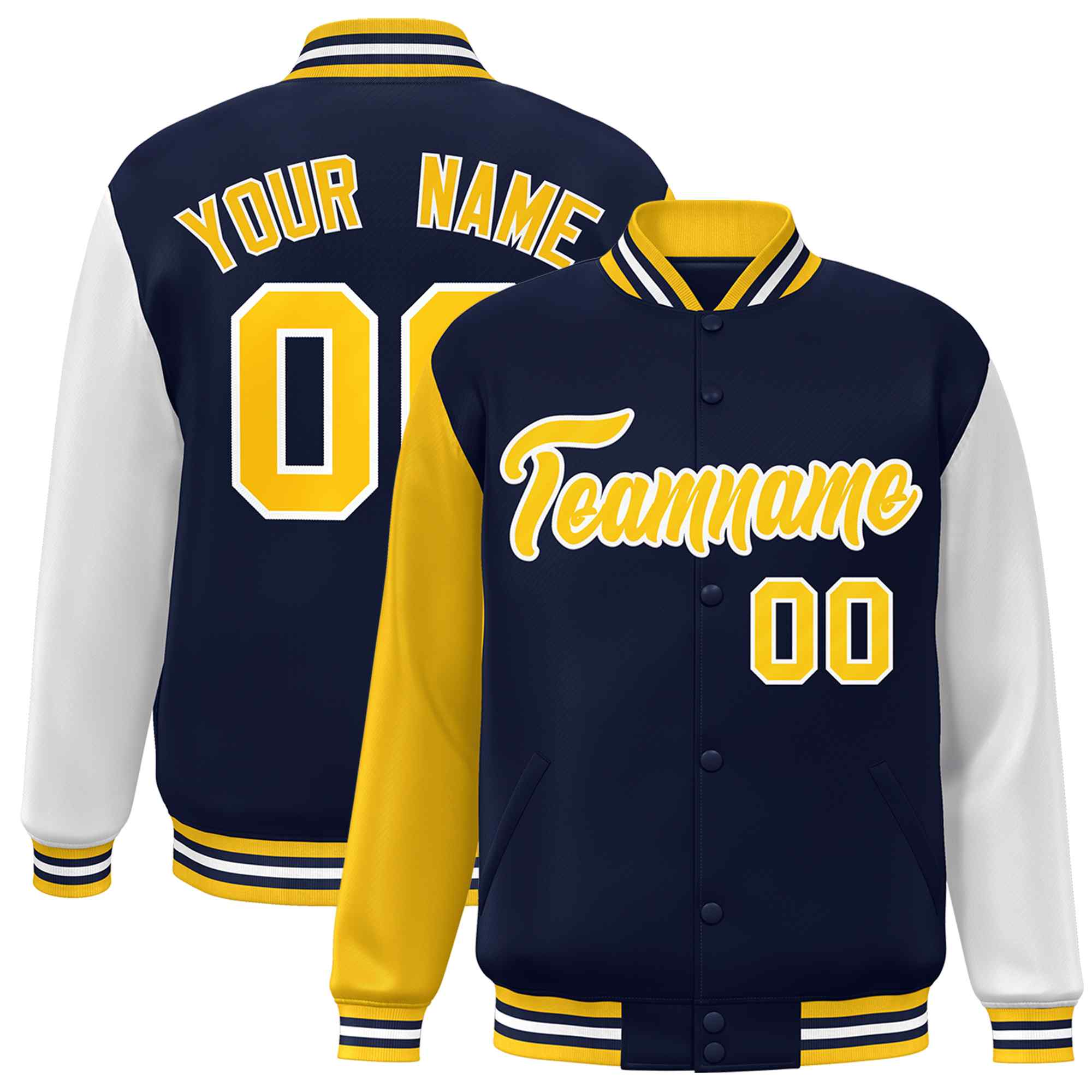 Custom Navy Gold-White Raglan Sleeves Varsity Full-Snap Letterman Jacket