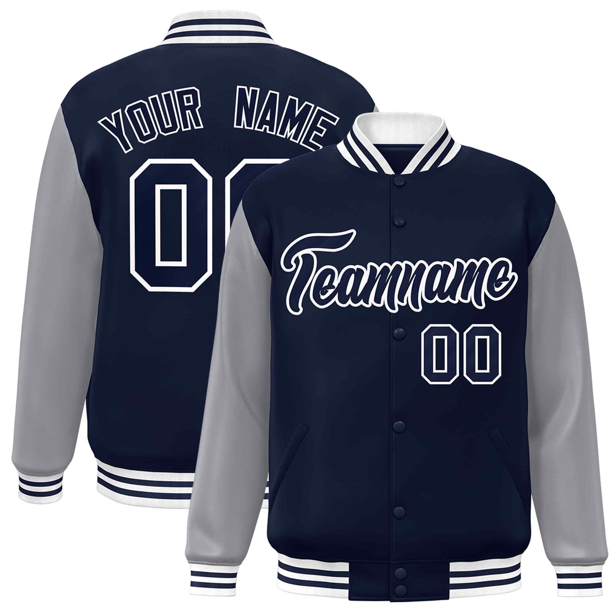 Custom Navy Navy-White Raglan Sleeves Varsity Full-Snap Letterman Jacket