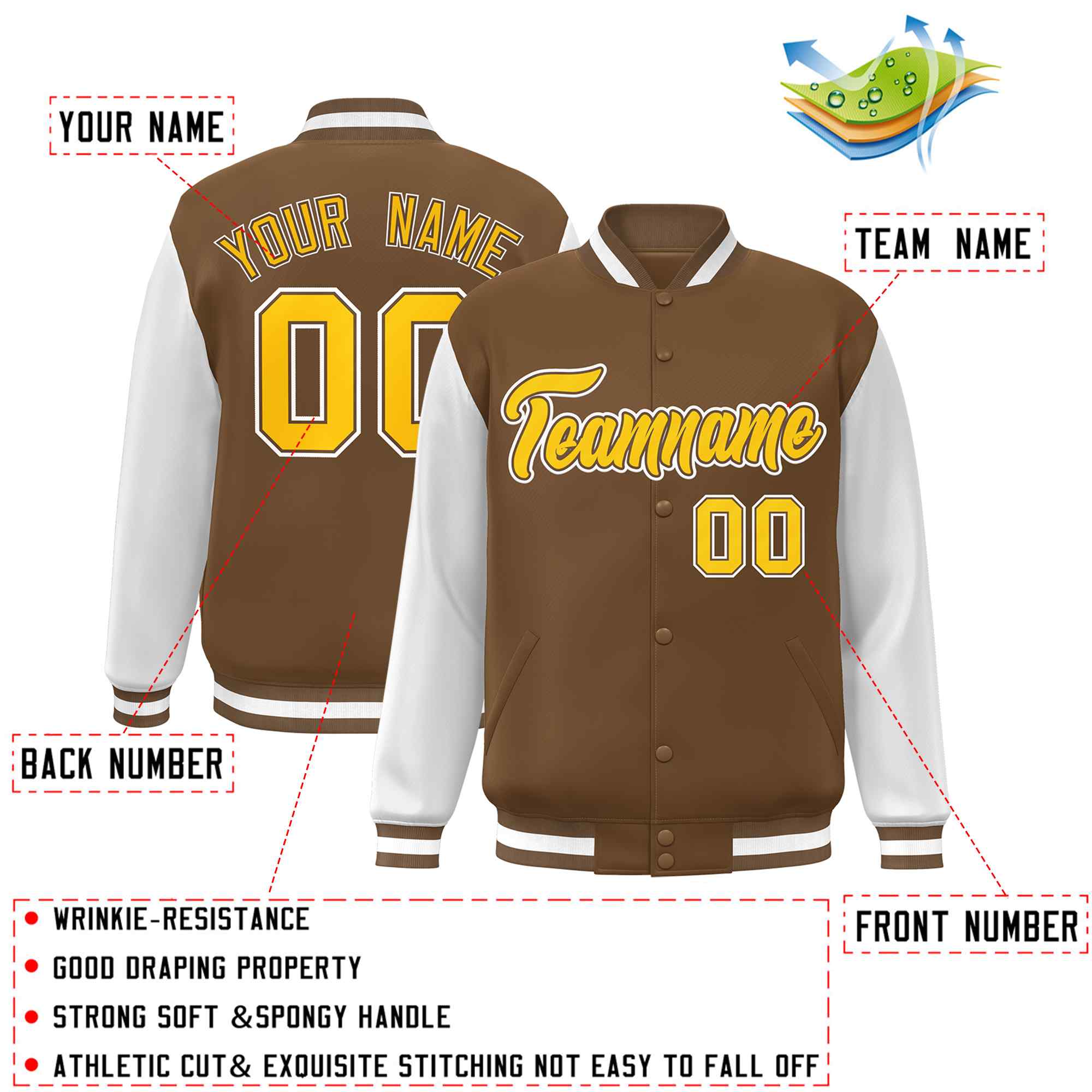 Veste universitaire personnalisée marron clair, or et blanc, manches raglan, bouton-pression intégral, style universitaire