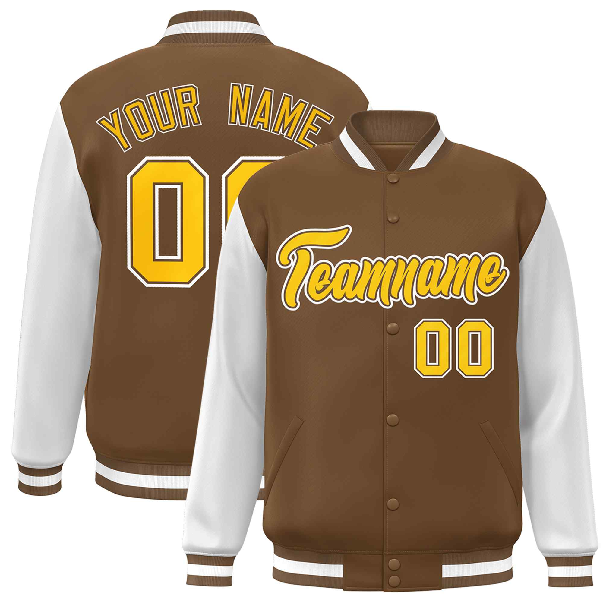 Veste universitaire personnalisée marron clair, or et blanc, manches raglan, bouton-pression intégral, style universitaire