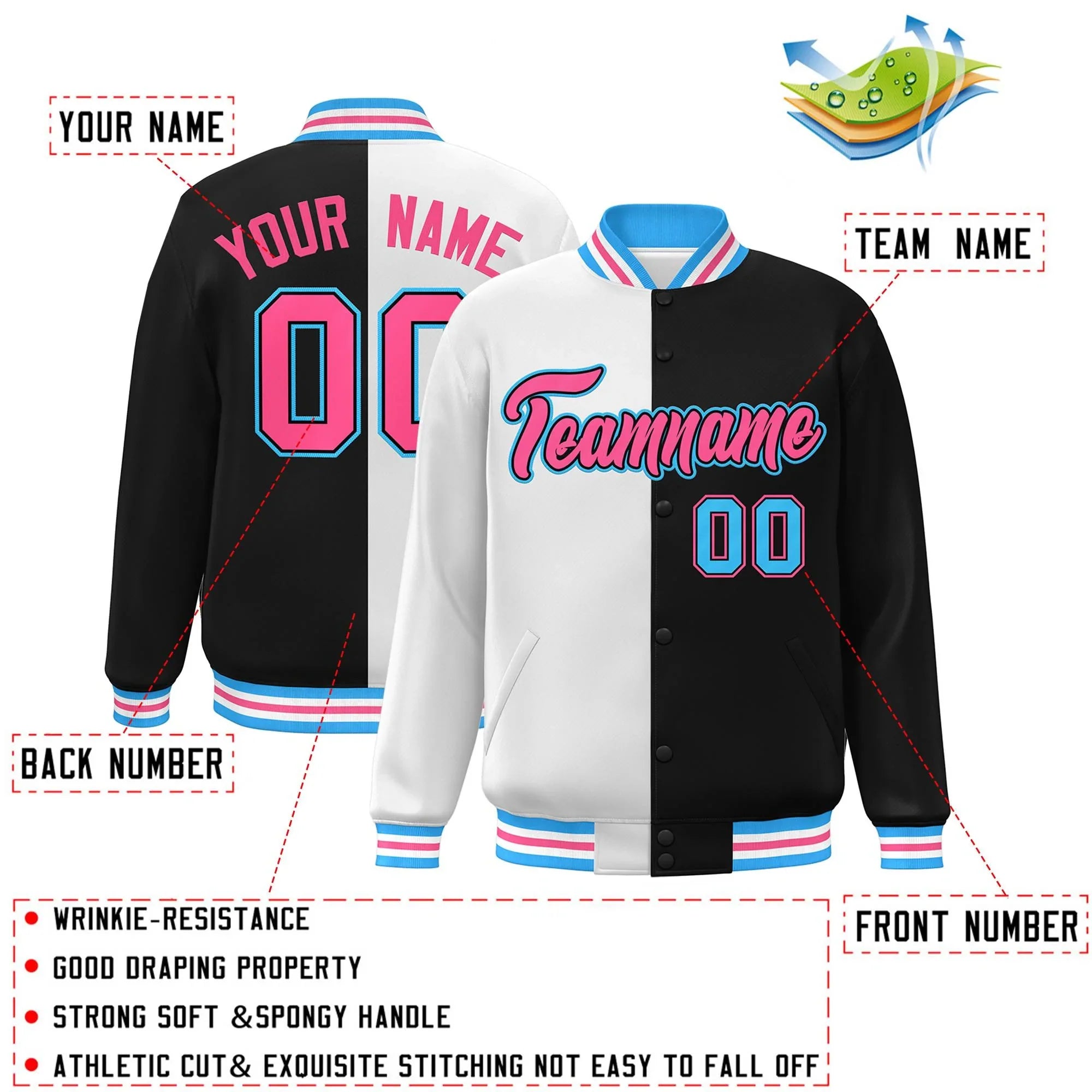 Custom Black White-Pink Letterman Two Tone Split Fashion Varsity Full-Snap Jacket