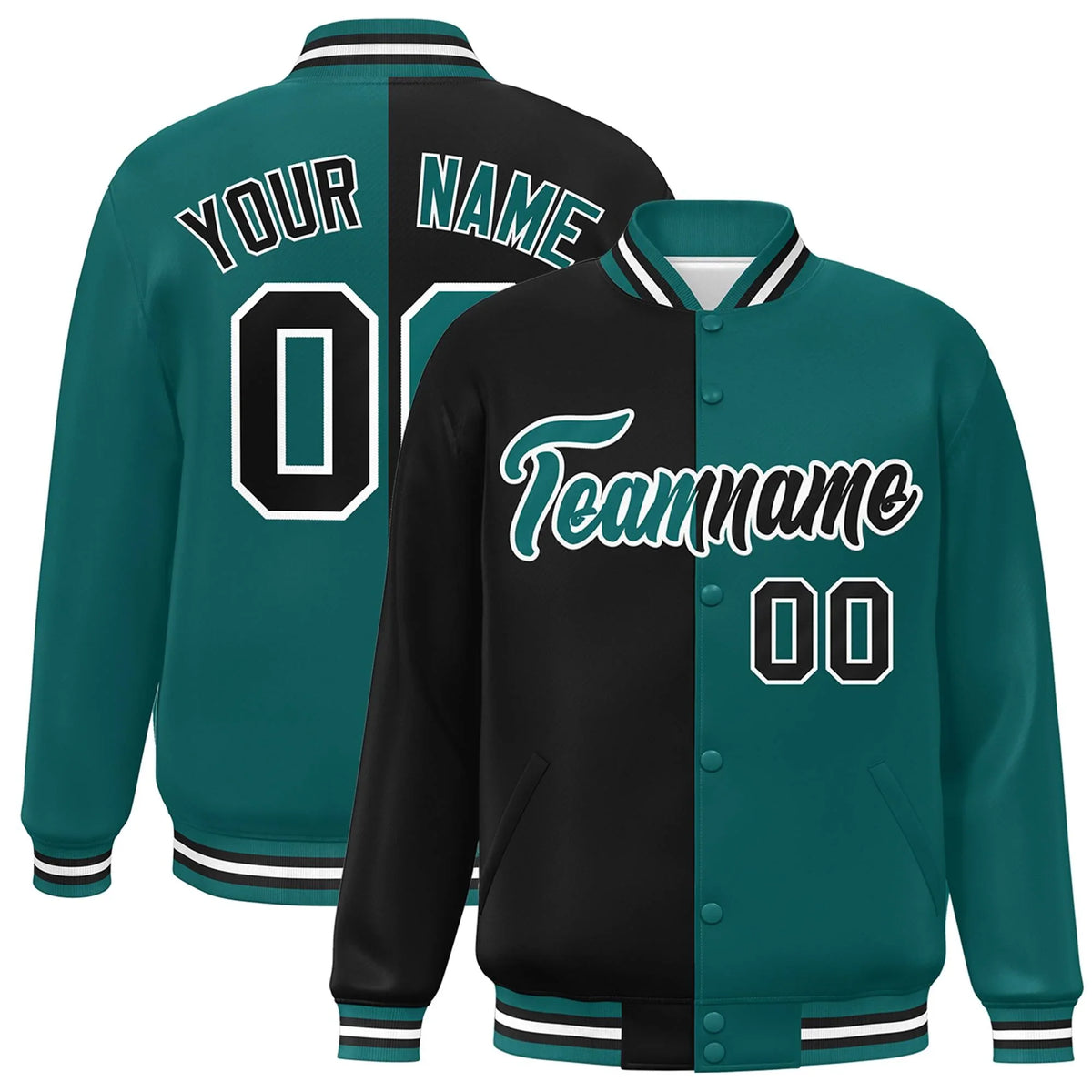 Custom Aqua Black-White Letterman Two Tone Split Fashion Varsity Full-Snap Jacket