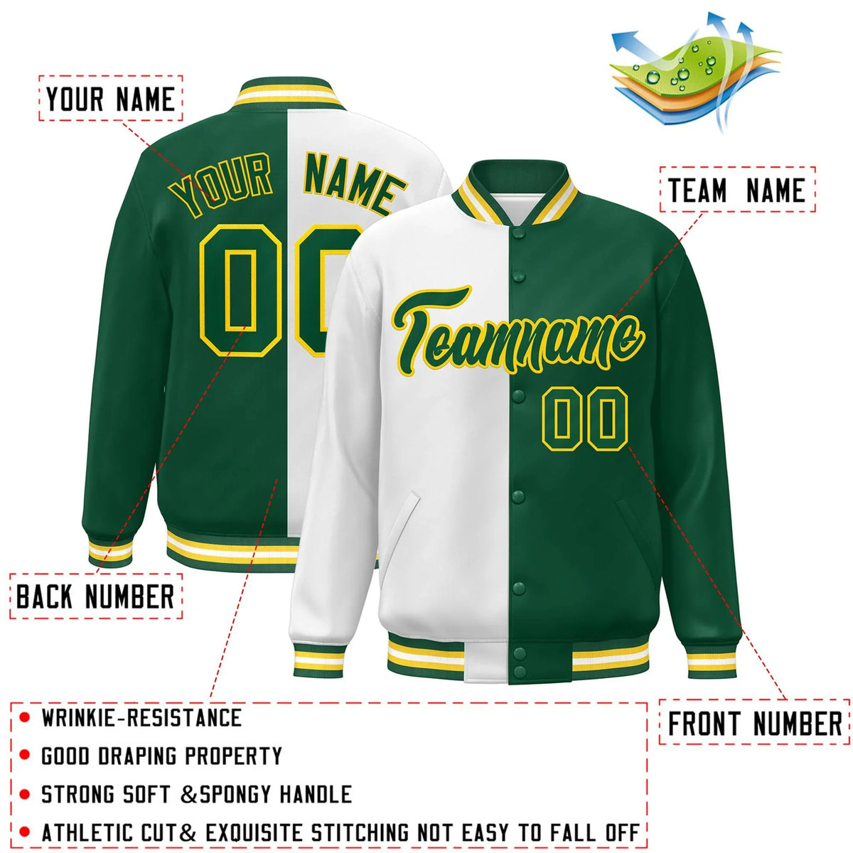 Custom Green White-Gold Letterman Two Tone Split Fashion Varsity Full-Snap Jacket