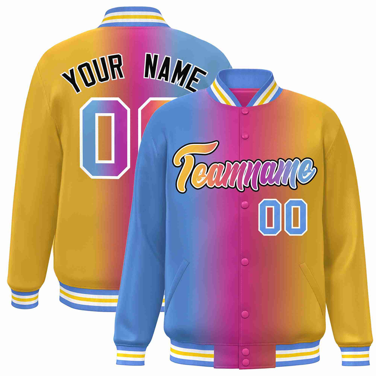 Custom Light Blue Purple-Yellow-White Gradient Fashion Letterman Bomber Varsity Jacket
