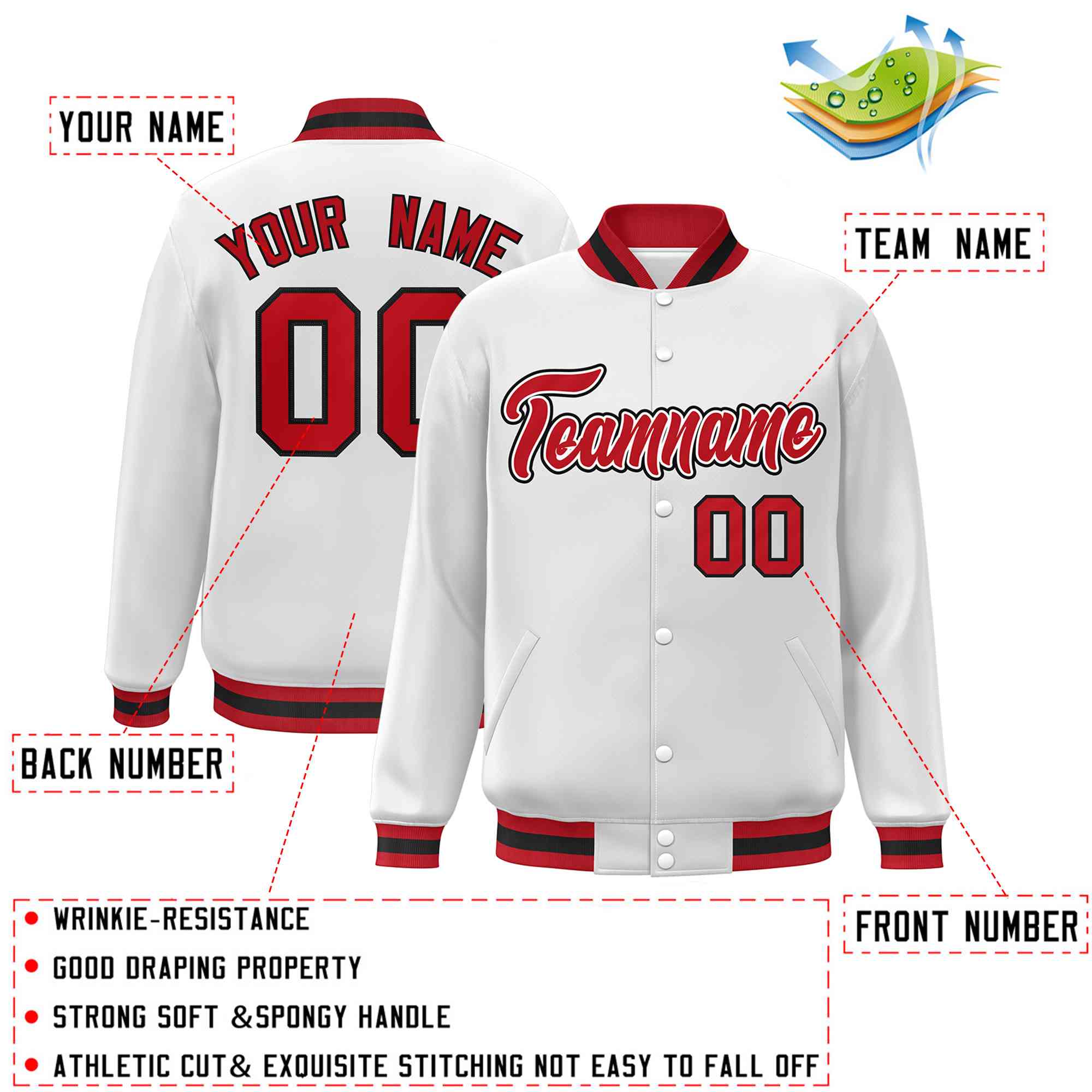 Custom White Red-White Classic Style Varsity Full-Snap Letterman Jacket