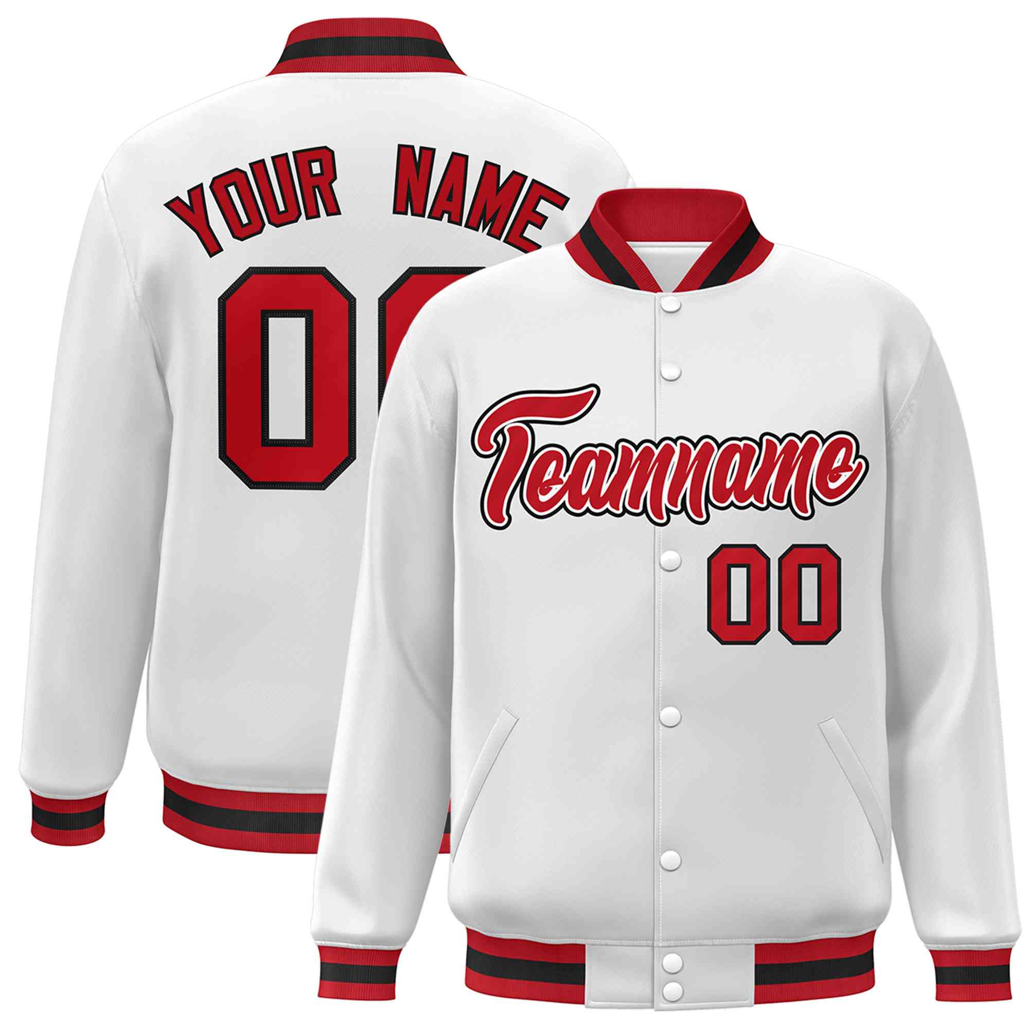 Custom White Red-White Classic Style Varsity Full-Snap Letterman Jacket