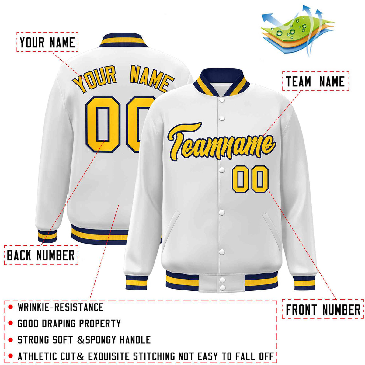 Custom White Gold-Navy Classic Style Varsity Full-Snap Letterman Jacket