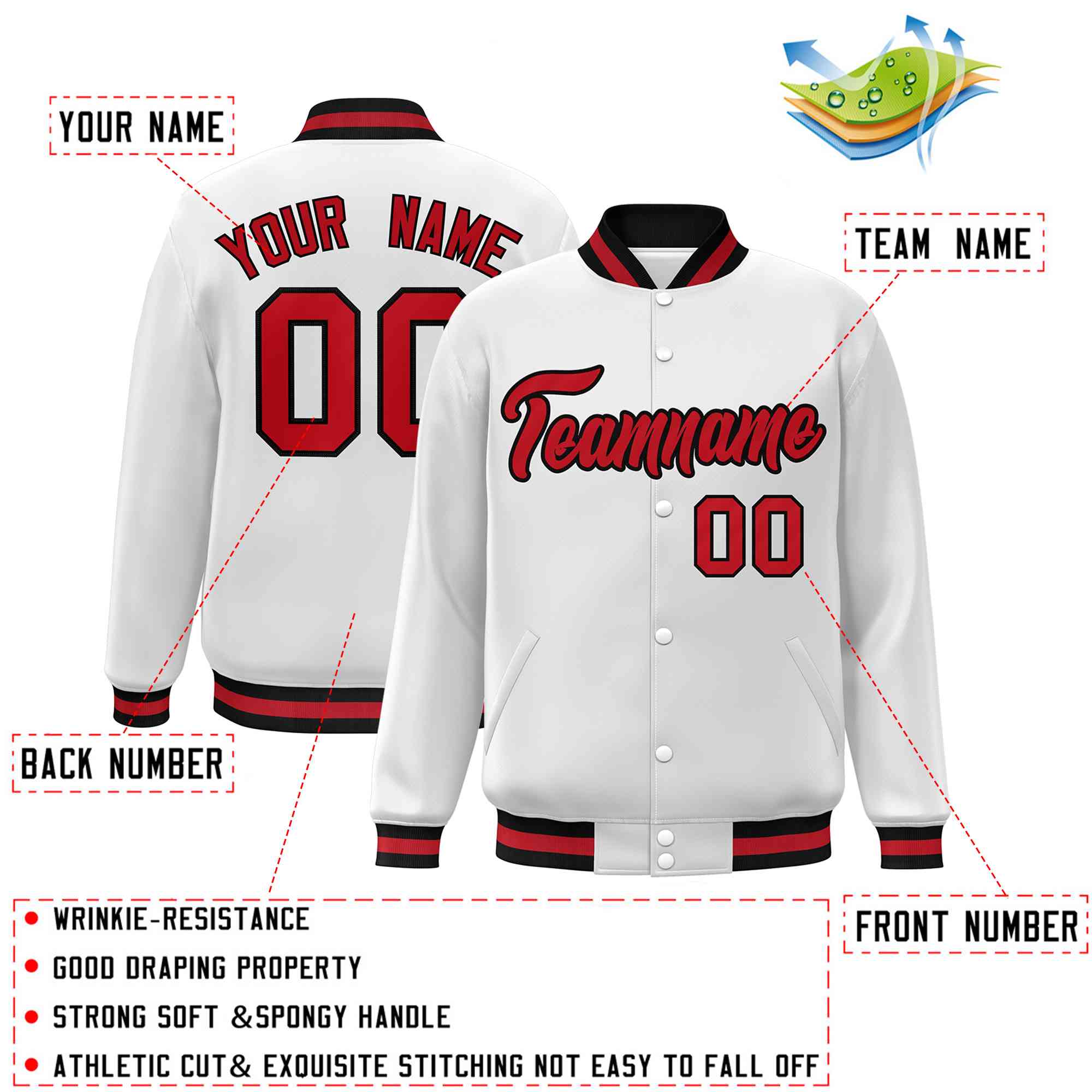 Custom White Red-Black Classic Style Varsity Full-Snap Letterman Jacket