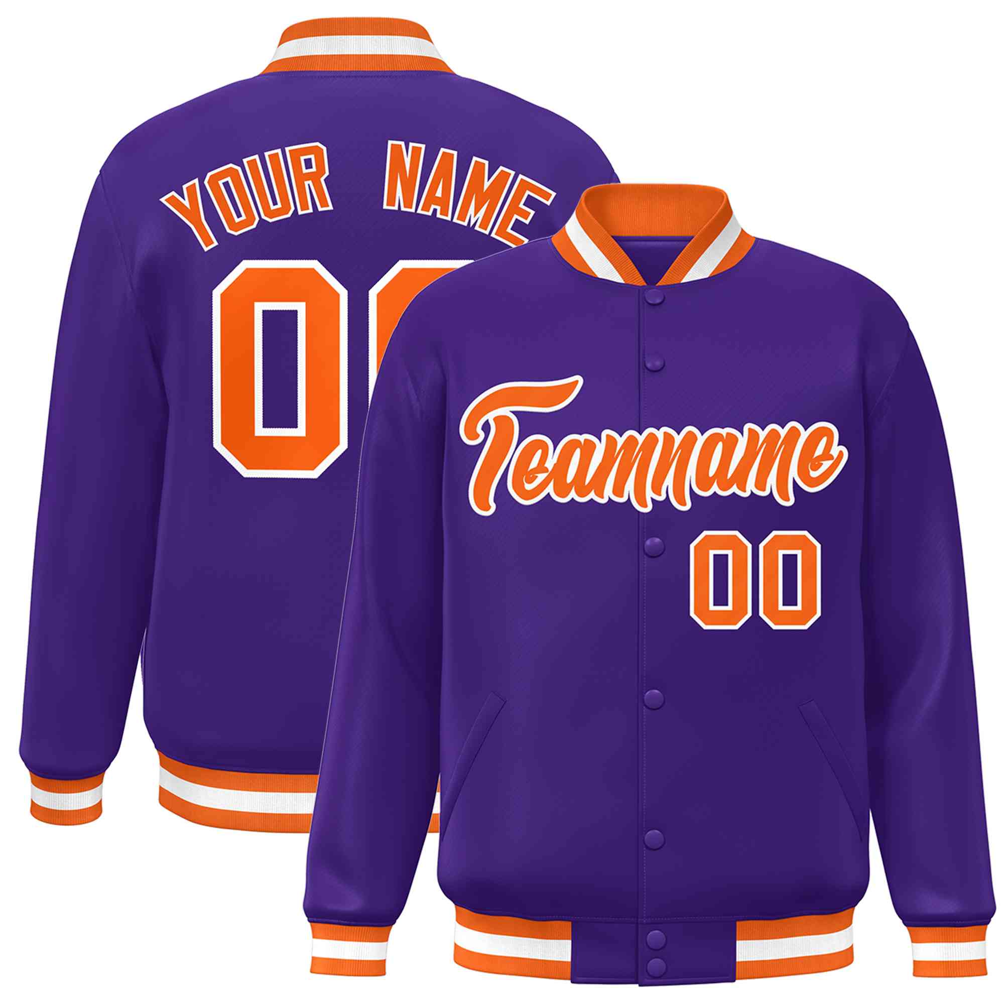 Custom Purple Orange-White Classic Style Varsity Full-Snap Letterman Jacket