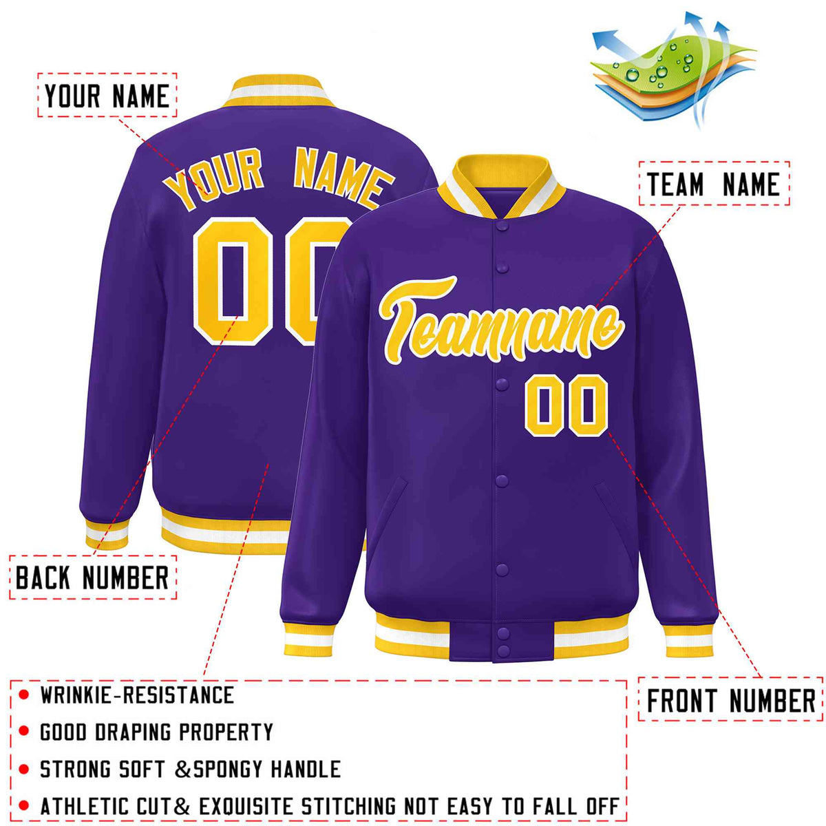 Custom Purple Gold-White Classic Style Varsity Full-Snap Letterman Jacket
