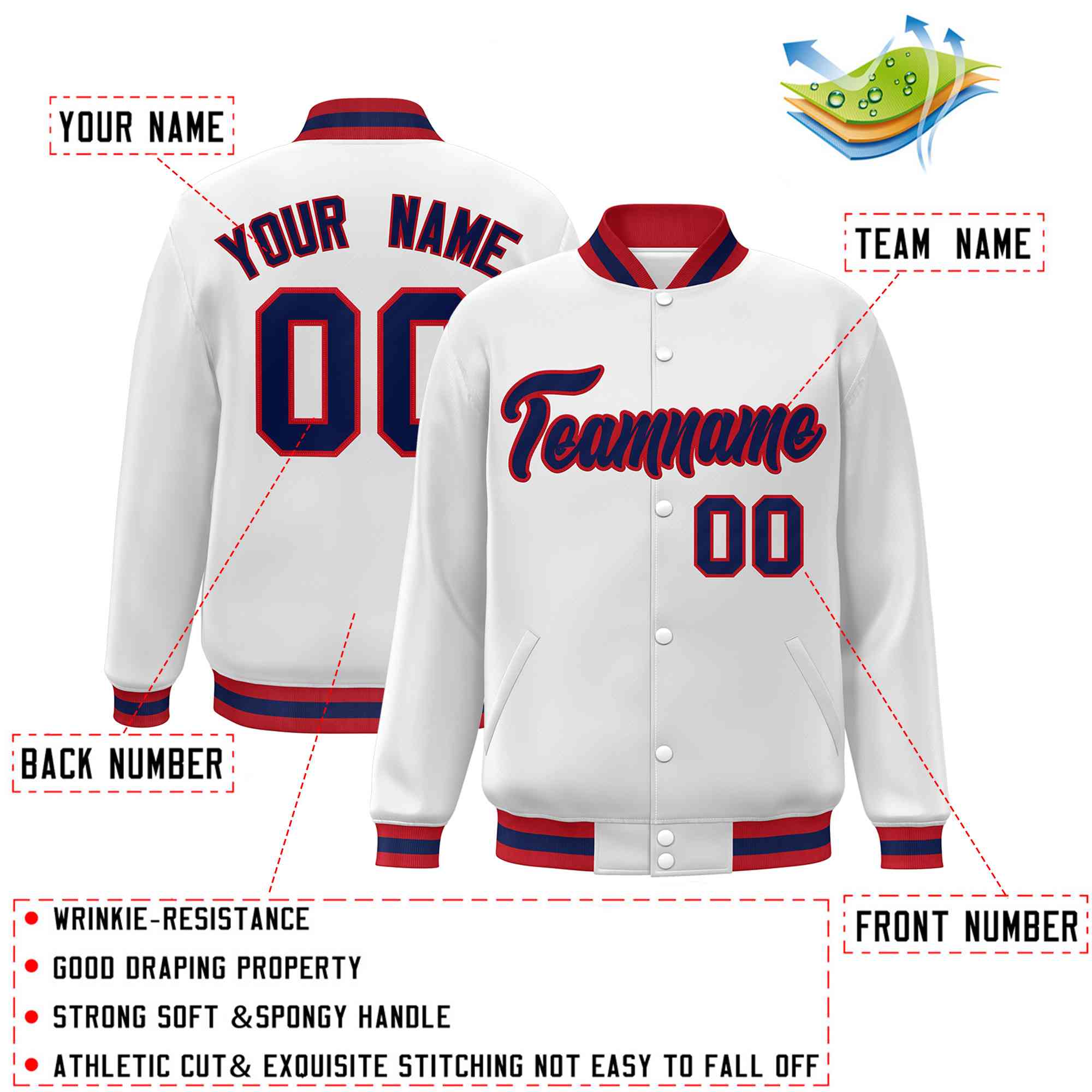 Custom White Navy-Red Classic Style Varsity Full-Snap Letterman Jacket