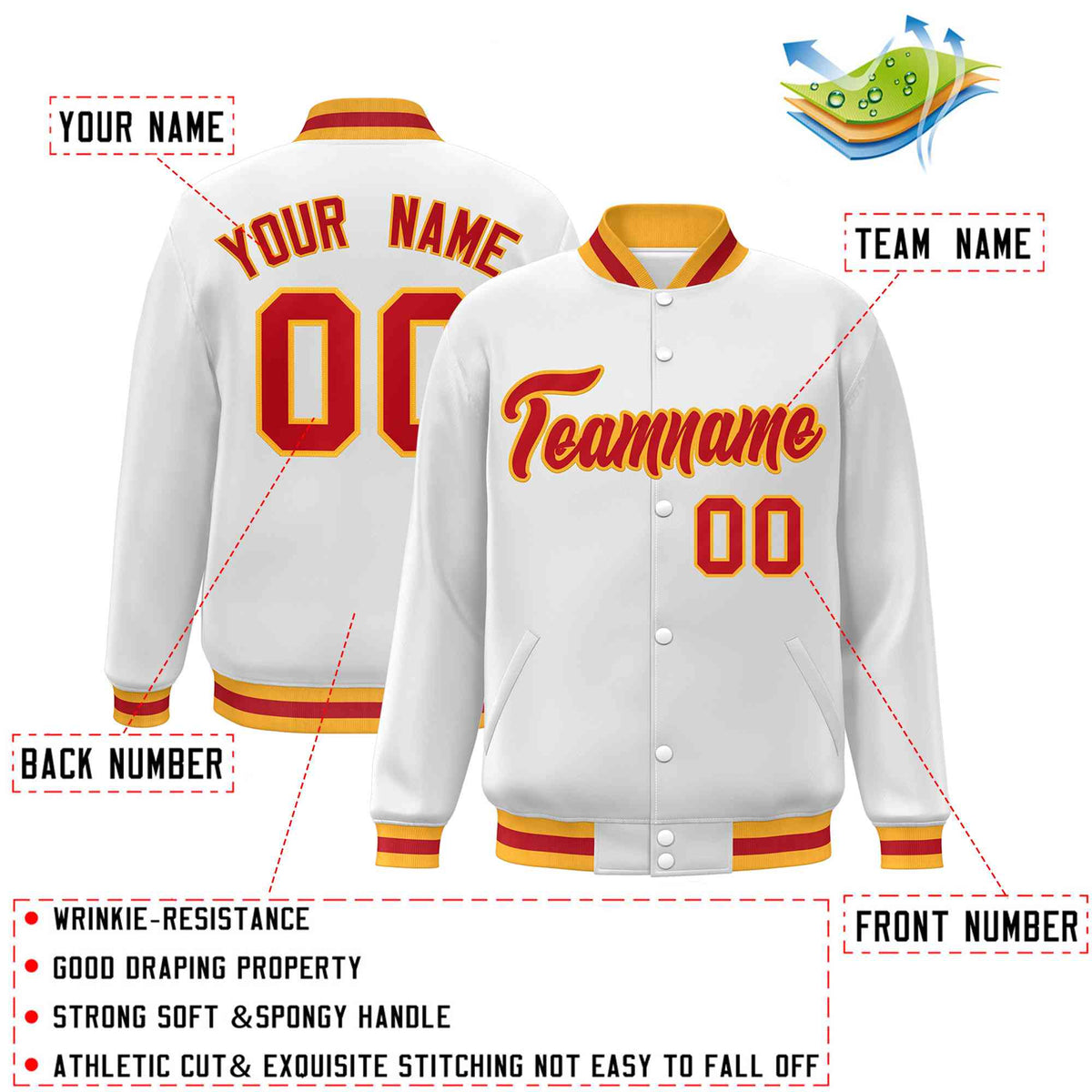 Custom White Red-Gold Classic Style Varsity Full-Snap Letterman Jacket