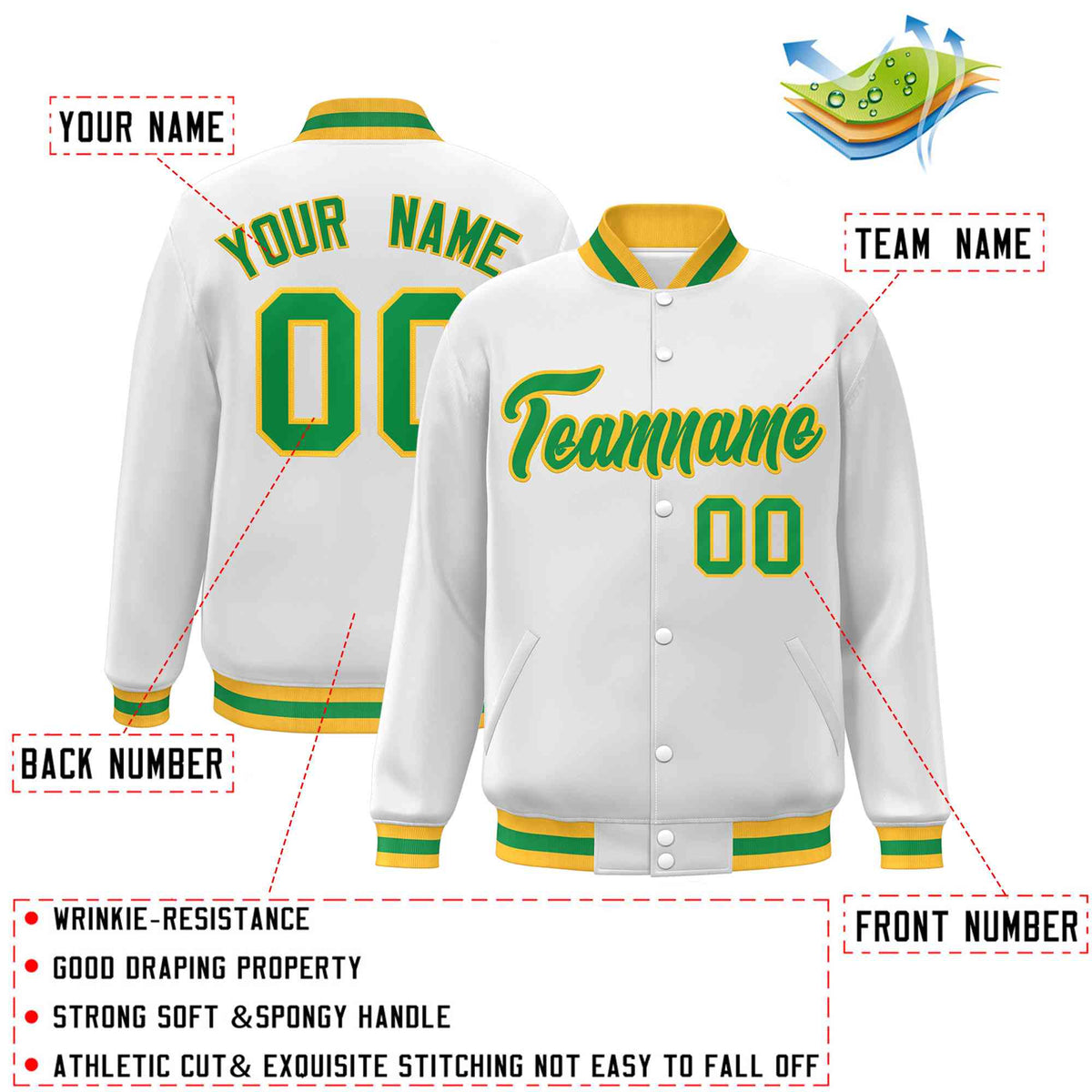Custom White Green-Gold Classic Style Varsity Full-Snap Letterman Jacket