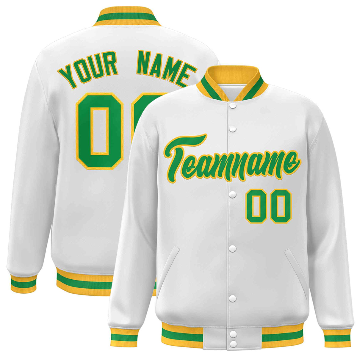 Custom White Green-Gold Classic Style Varsity Full-Snap Letterman Jacket