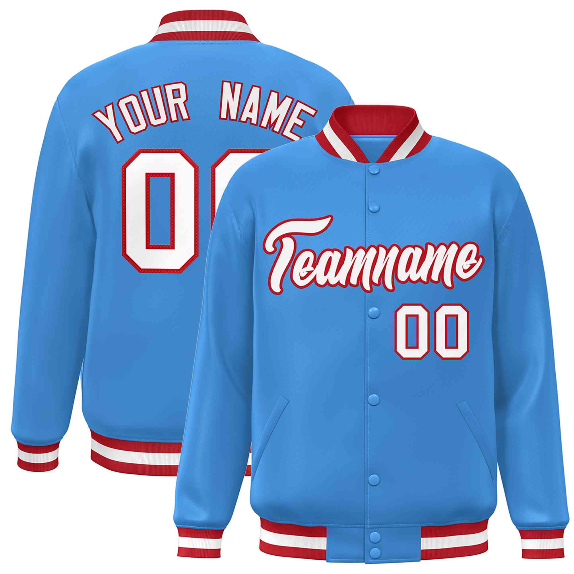 Custom Powder Blue White-Red Classic Style Varsity Full-Snap Letterman Jacket