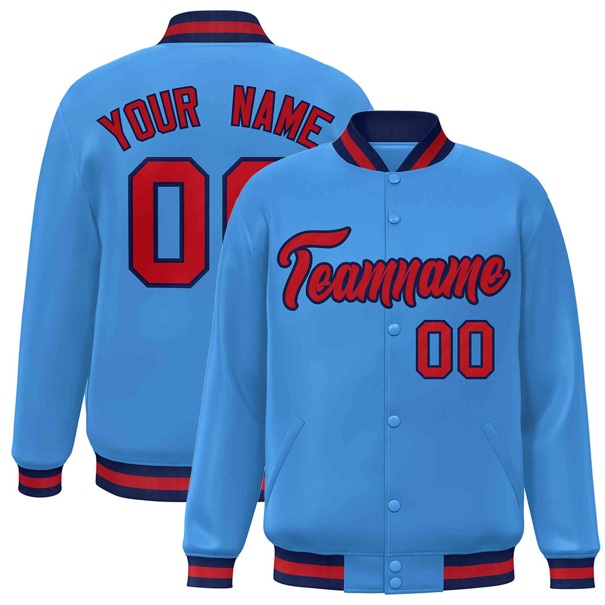 Custom Powder Blue Red-Navy Classic Style Varsity Full-Snap Letterman Jacket