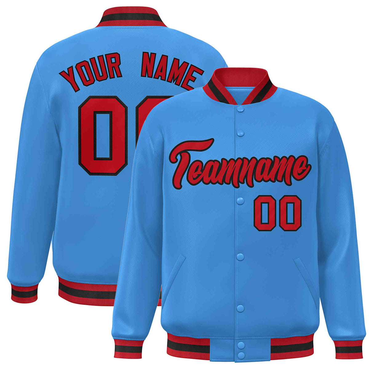 Custom Powder Blue Red-Black Classic Style Varsity Full-Snap Letterman Jacket