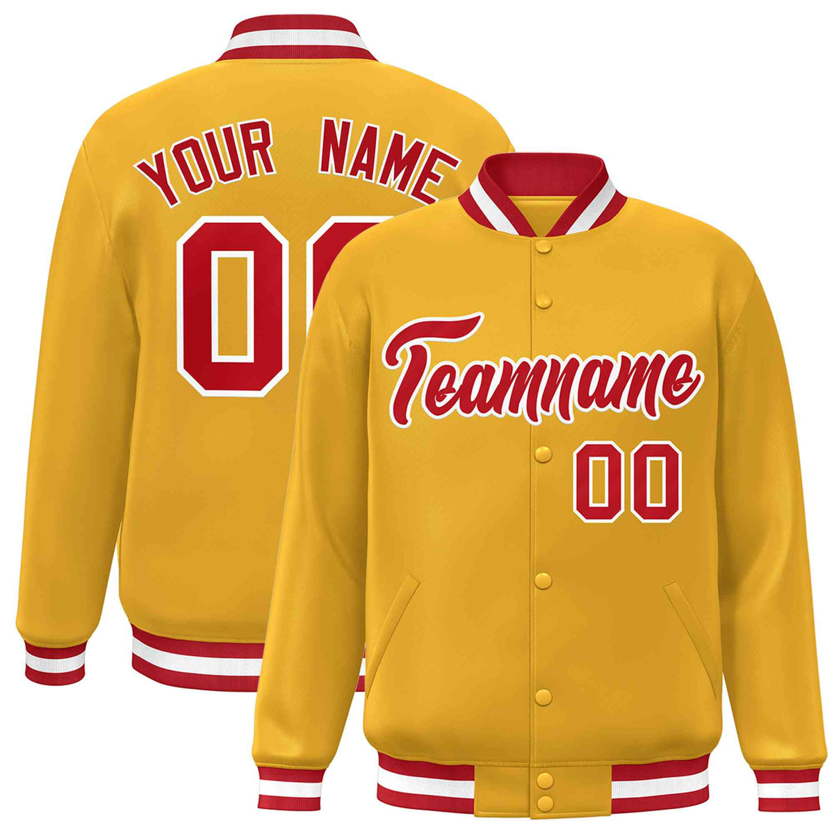 Custom Gold Red-White Classic Style Varsity Full-Snap Letterman Jacket