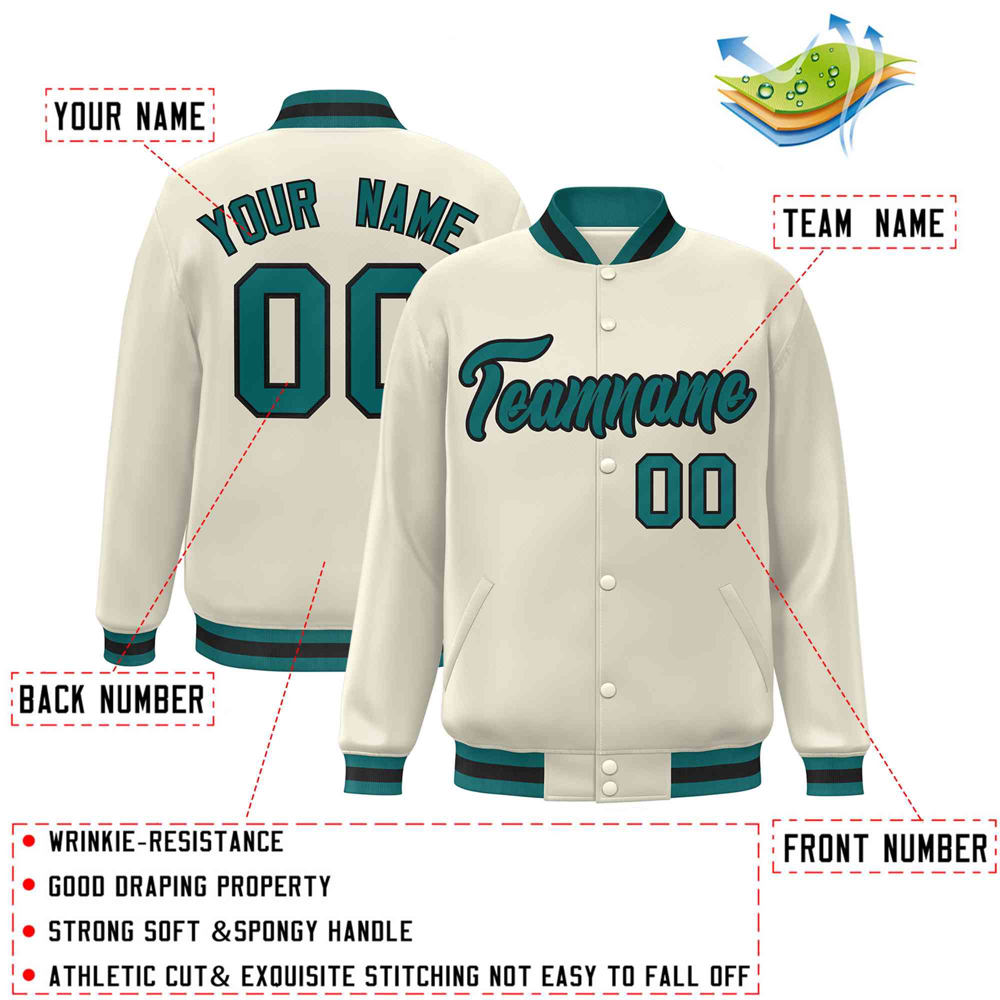 Custom Khaki Aqua-Black Classic Style Varsity Full-Snap Letterman Jacket