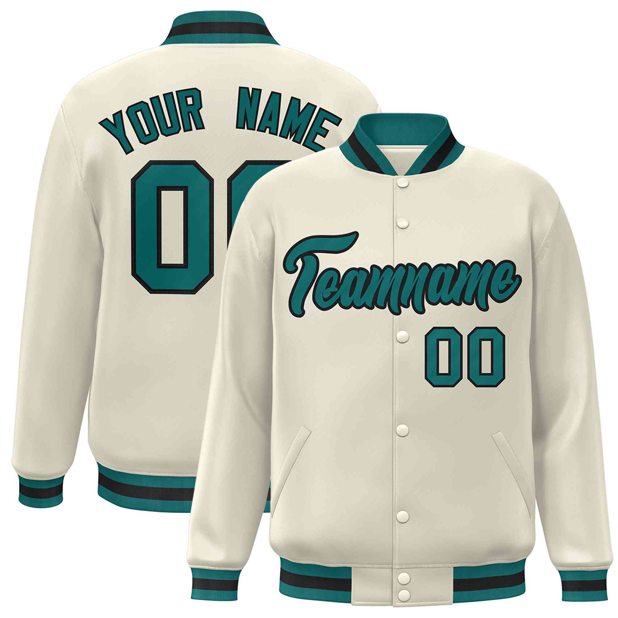 Custom Khaki Aqua-Black Classic Style Varsity Full-Snap Letterman Jacket