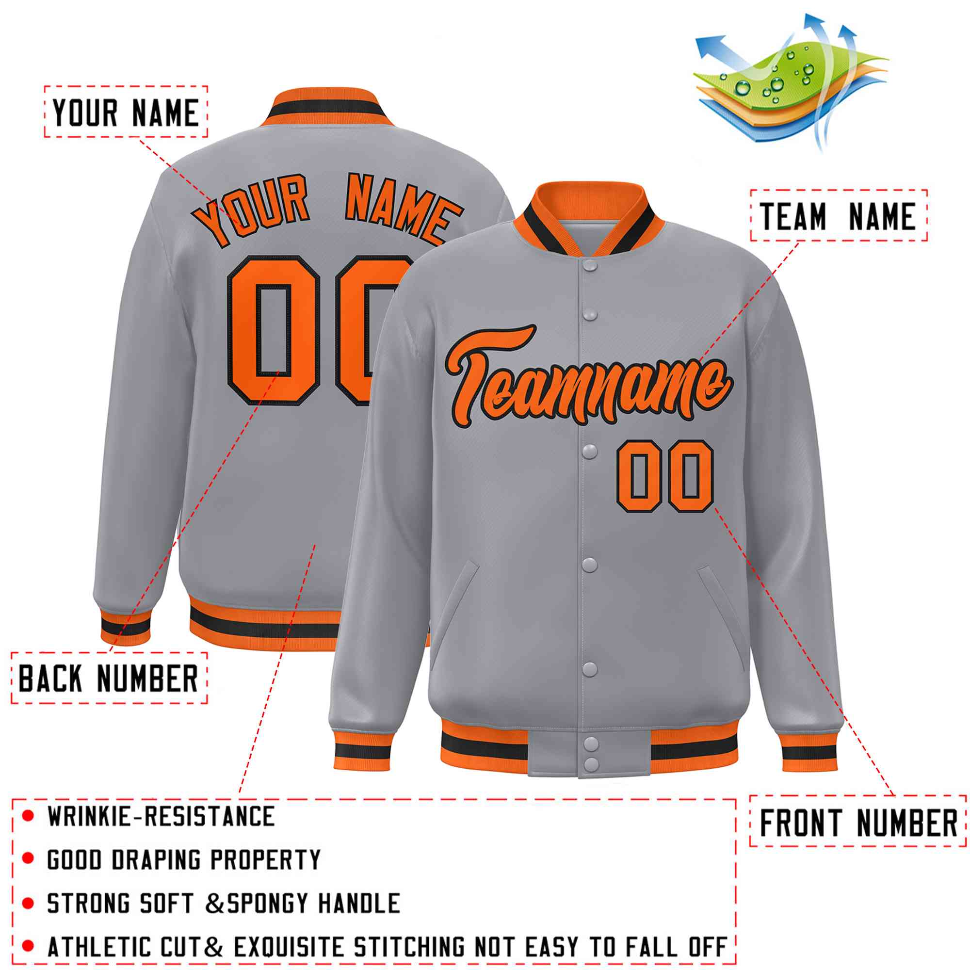 Custom Gray Orange-Black Classic Style Varsity Full-Snap Letterman Jacket