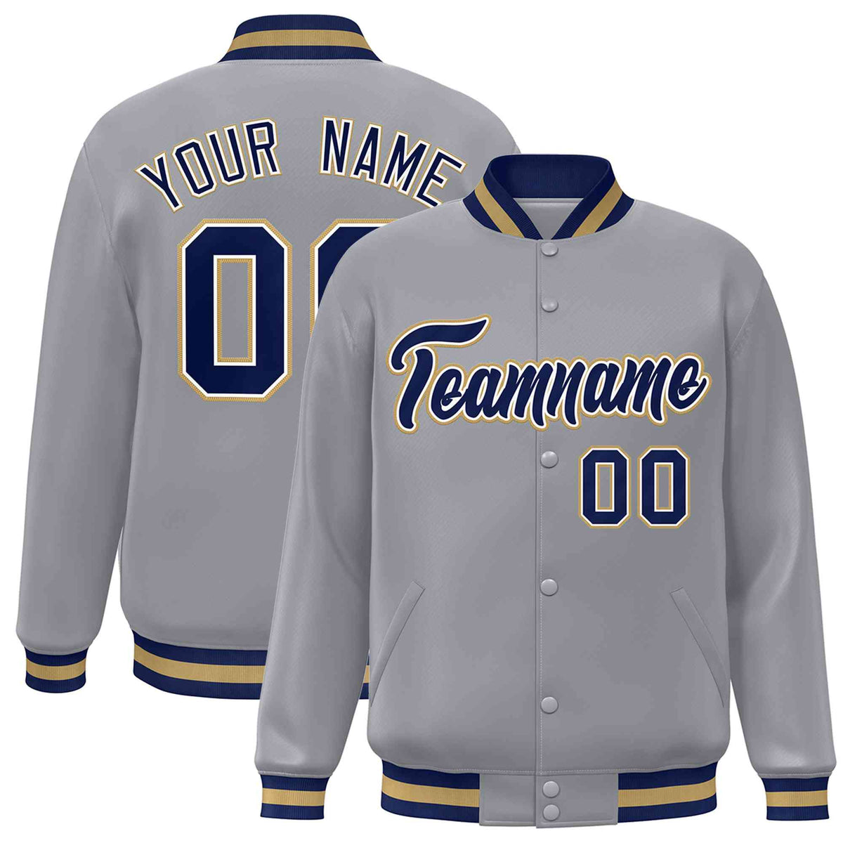 Custom Gray Navy-White Classic Style Varsity Full-Snap Letterman Jacket