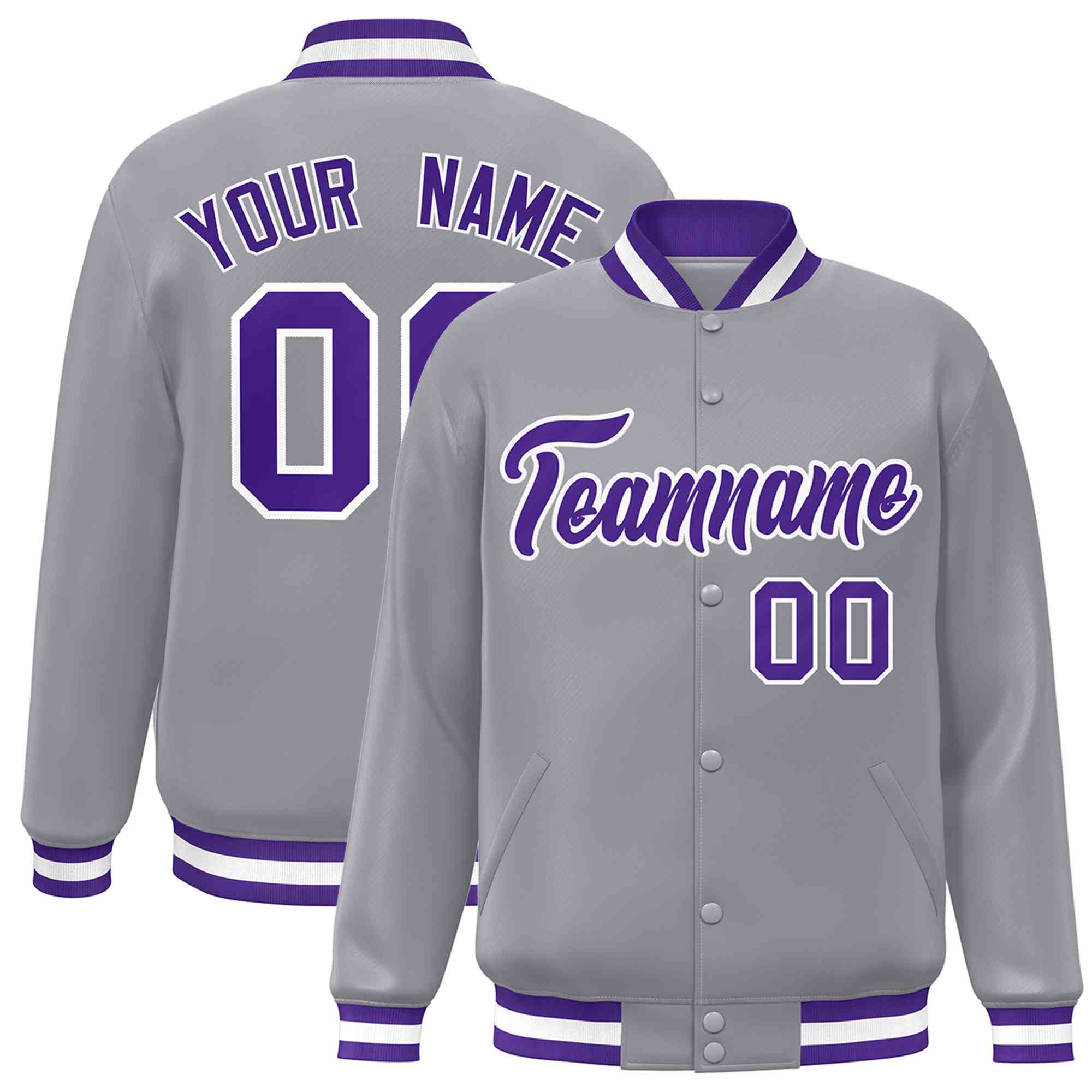 Custom Gray Purple-White Classic Style Varsity Full-Snap Letterman Jacket