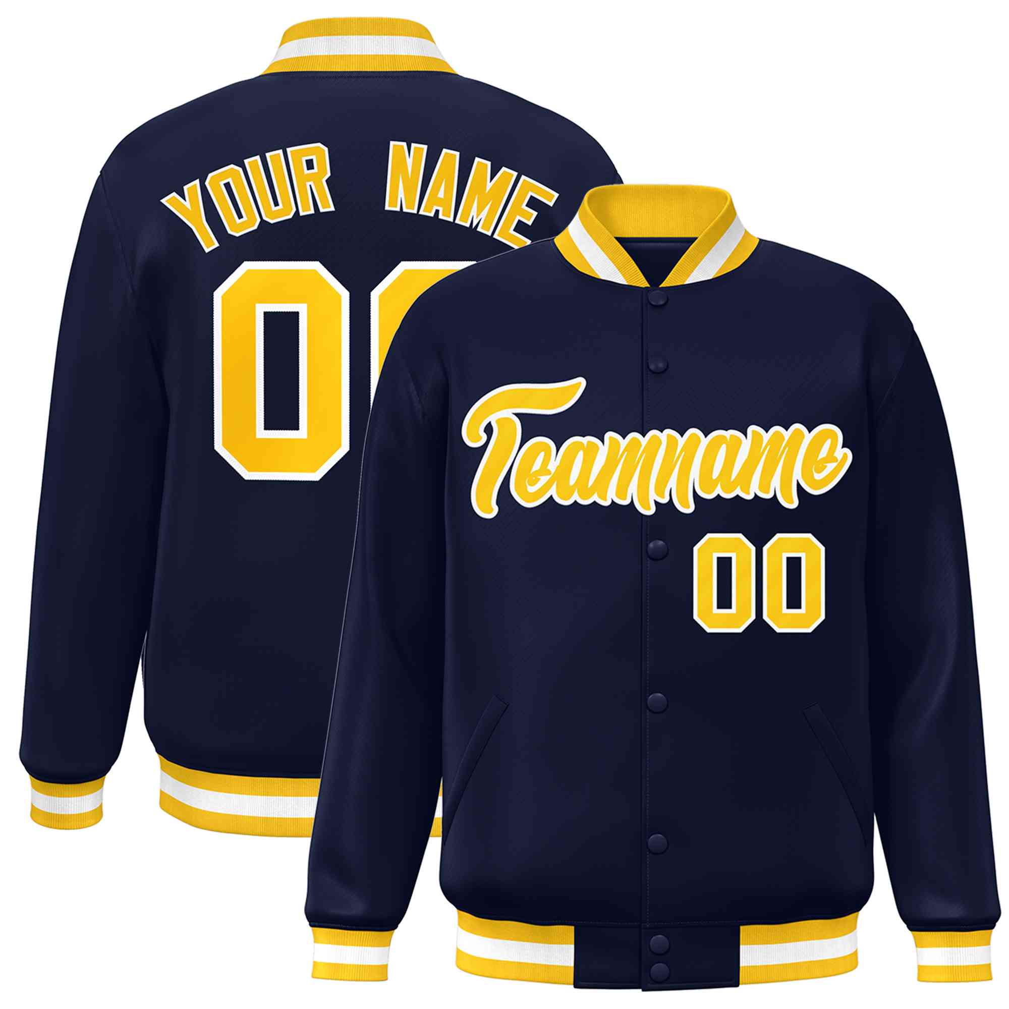 Custom Navy Gold-White Classic Style Varsity Full-Snap Letterman Jacket