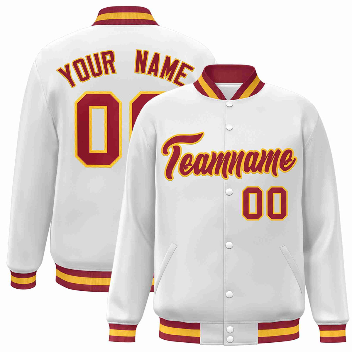 Custom White Crimson-Gold Classic Style Varsity Full-Snap Letterman Jacket
