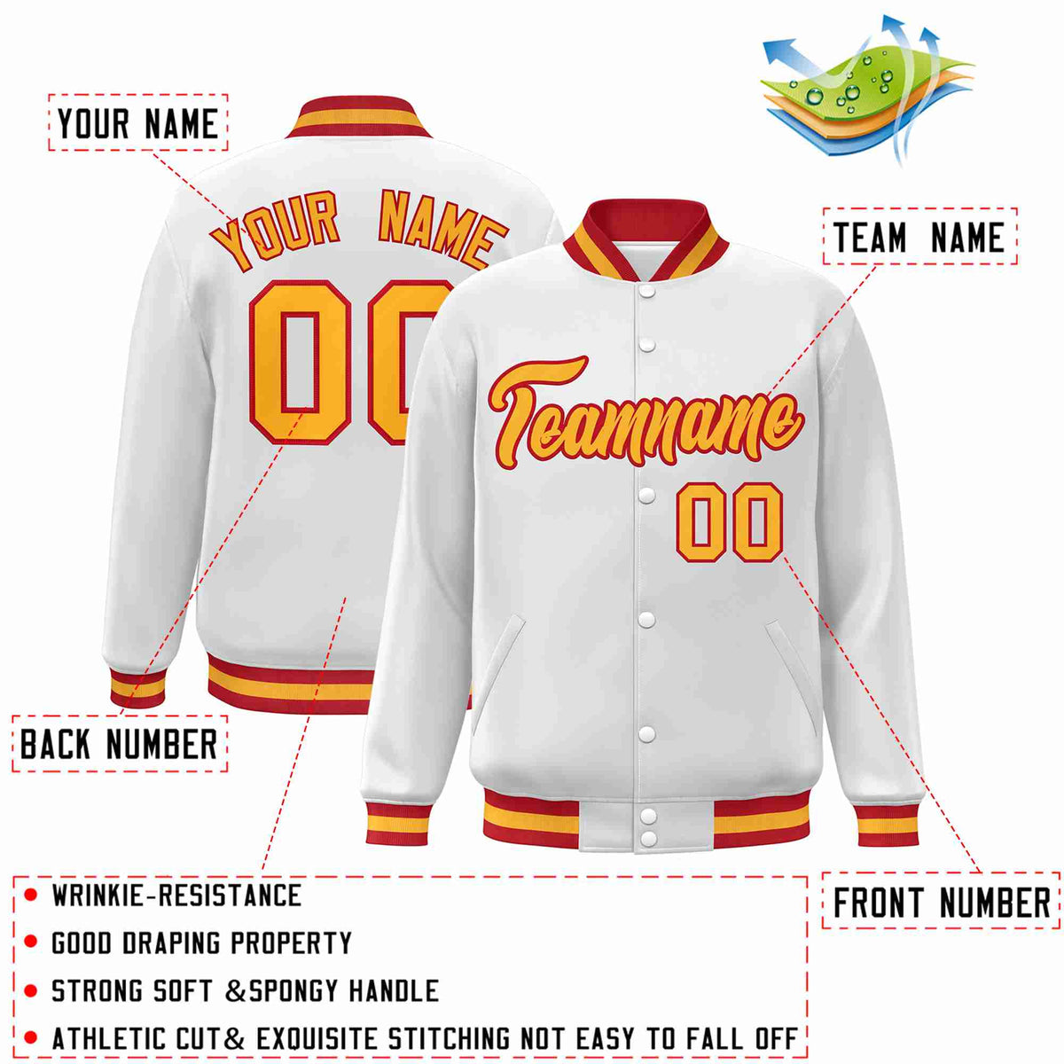 Custom White Gold-Red Classic Style Varsity Full-Snap Letterman Jacket