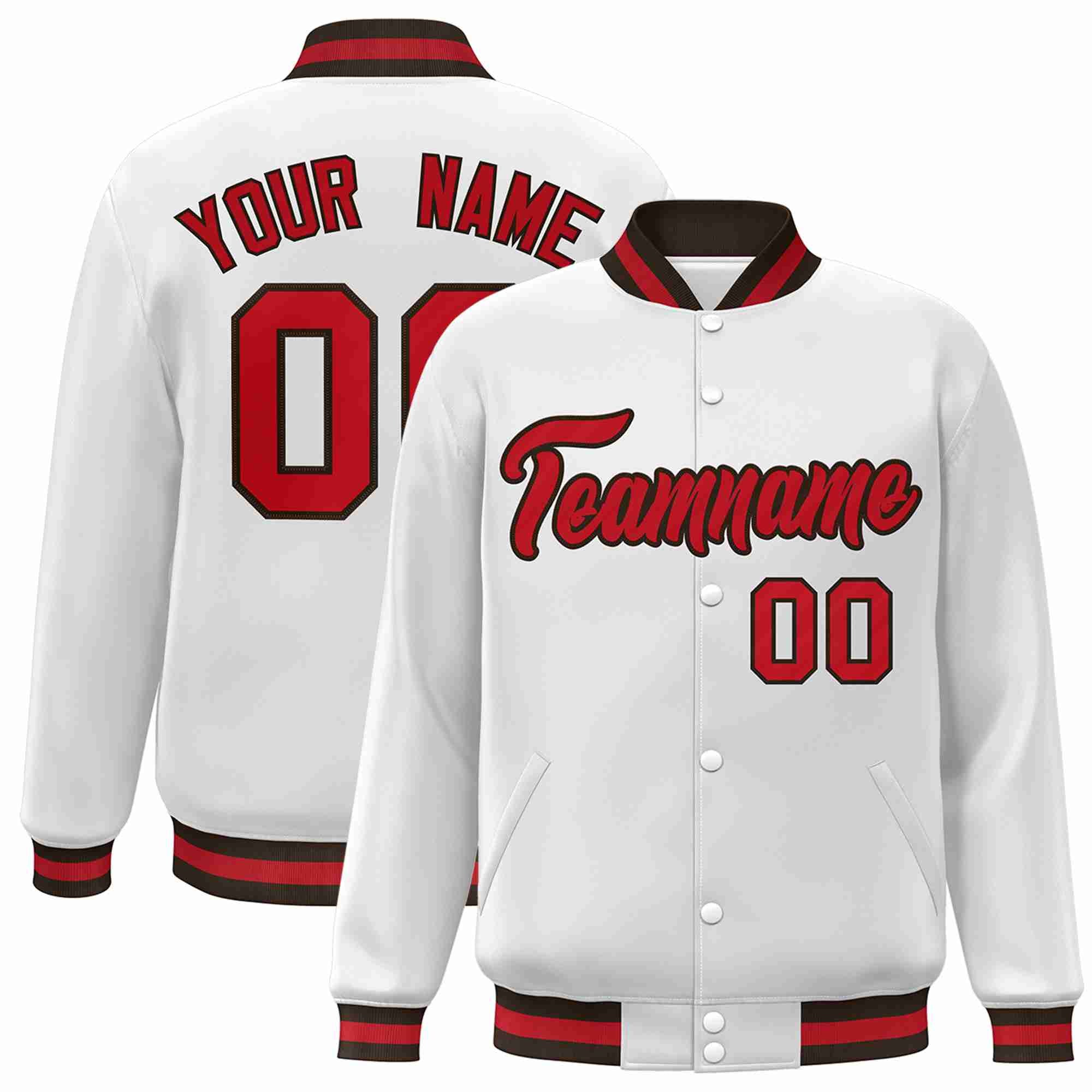 Custom White Red-Brown Classic Style Varsity Full-Snap Letterman Jacket