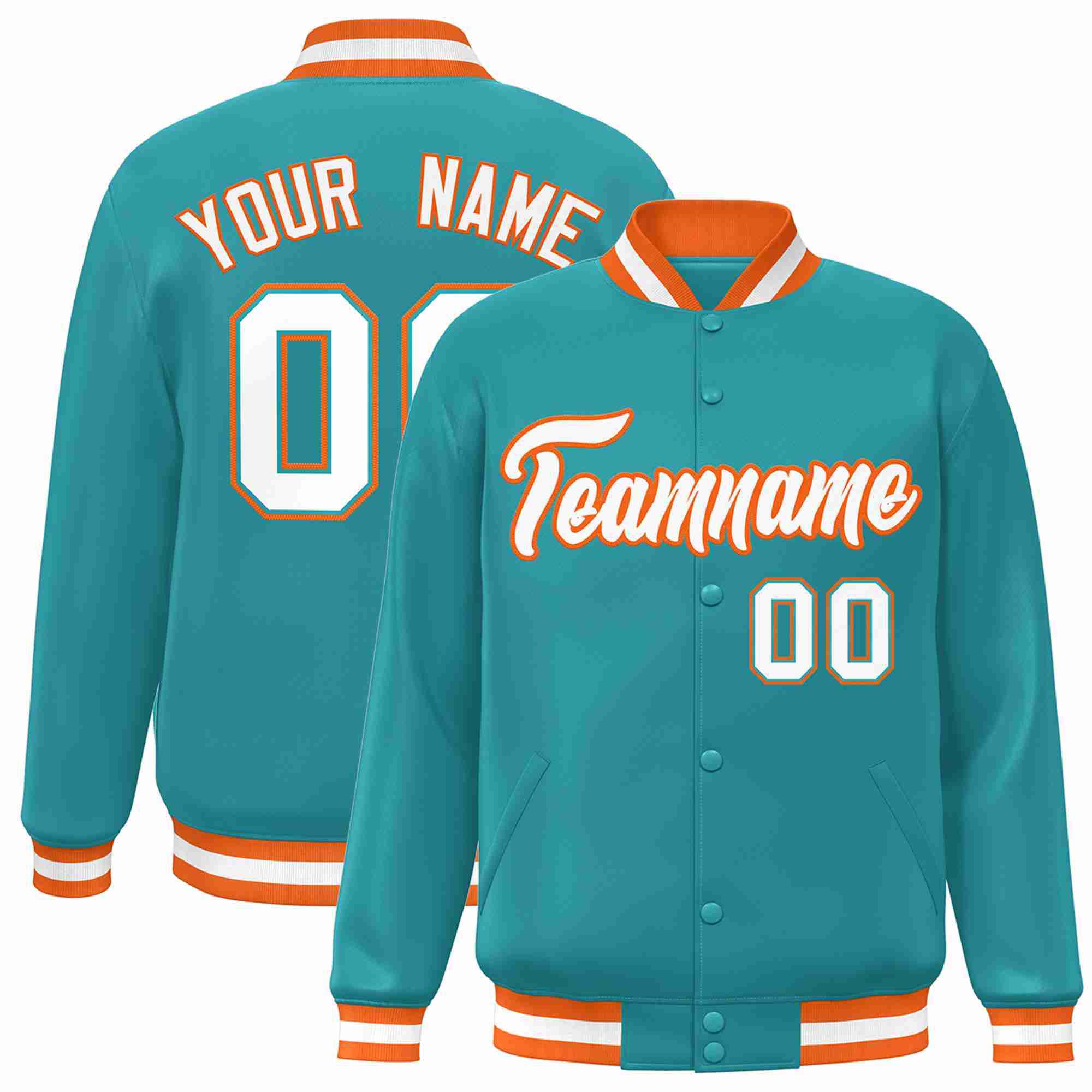 Custom Aqua White-Orange Classic Style Varsity Full-Snap Letterman Jacket