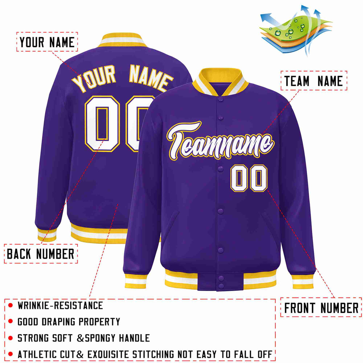 Custom Purple White-Purple Classic Style Varsity Full-Snap Letterman Jacket