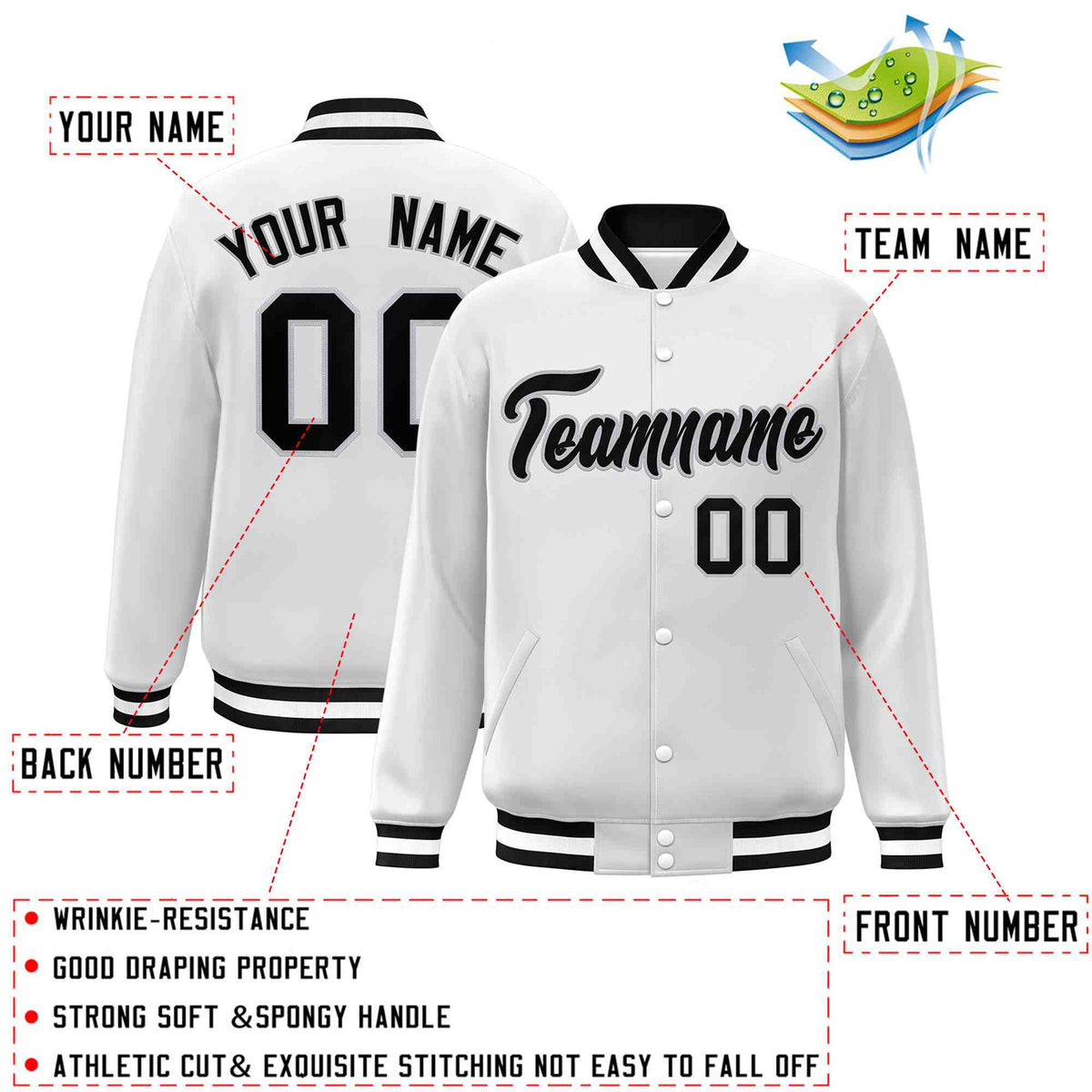 Custom White Black-Gray Classic Style Varsity Full-Snap Letterman Jacket | KXKSHOP