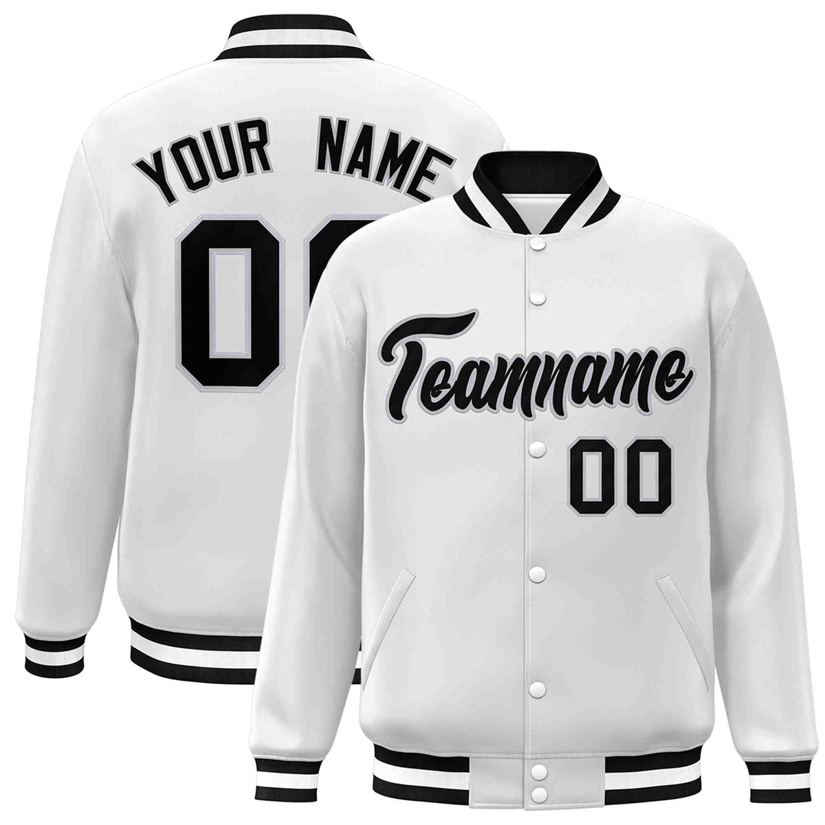 Custom White Black-Gray Classic Style Varsity Full-Snap Letterman Jacket | KXKSHOP