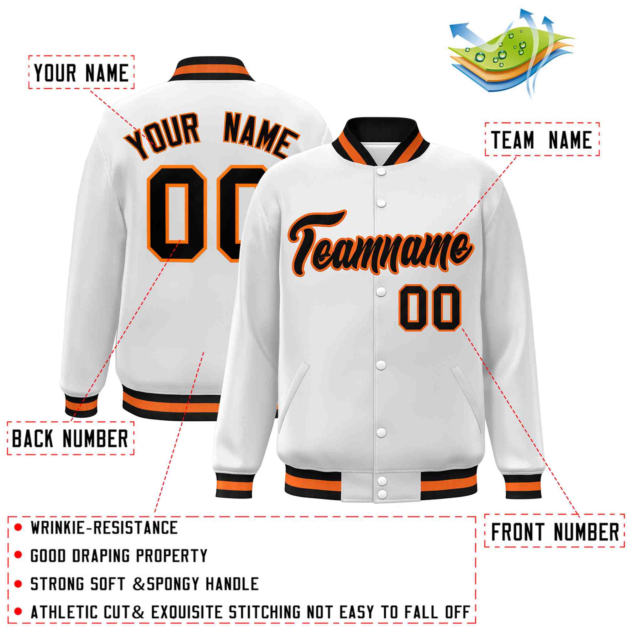 Custom White Black-Orange Classic Style Varsity Full-Snap Letterman Jacket