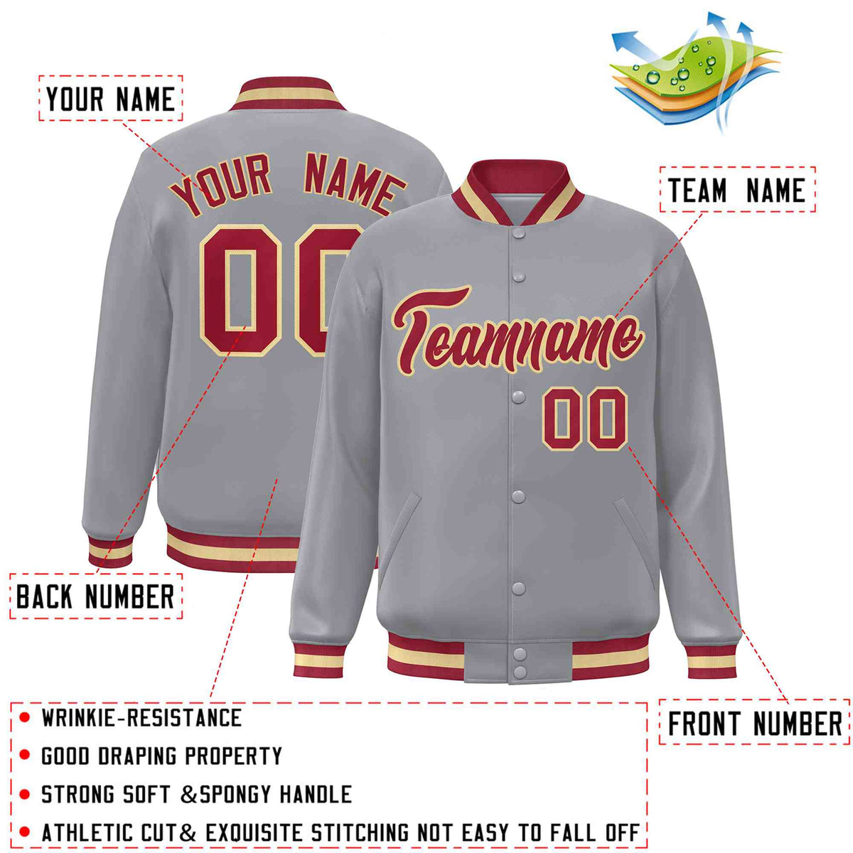 Custom Gray Crimson-Khaki Classic Style Varsity Full-Snap Letterman Jacket