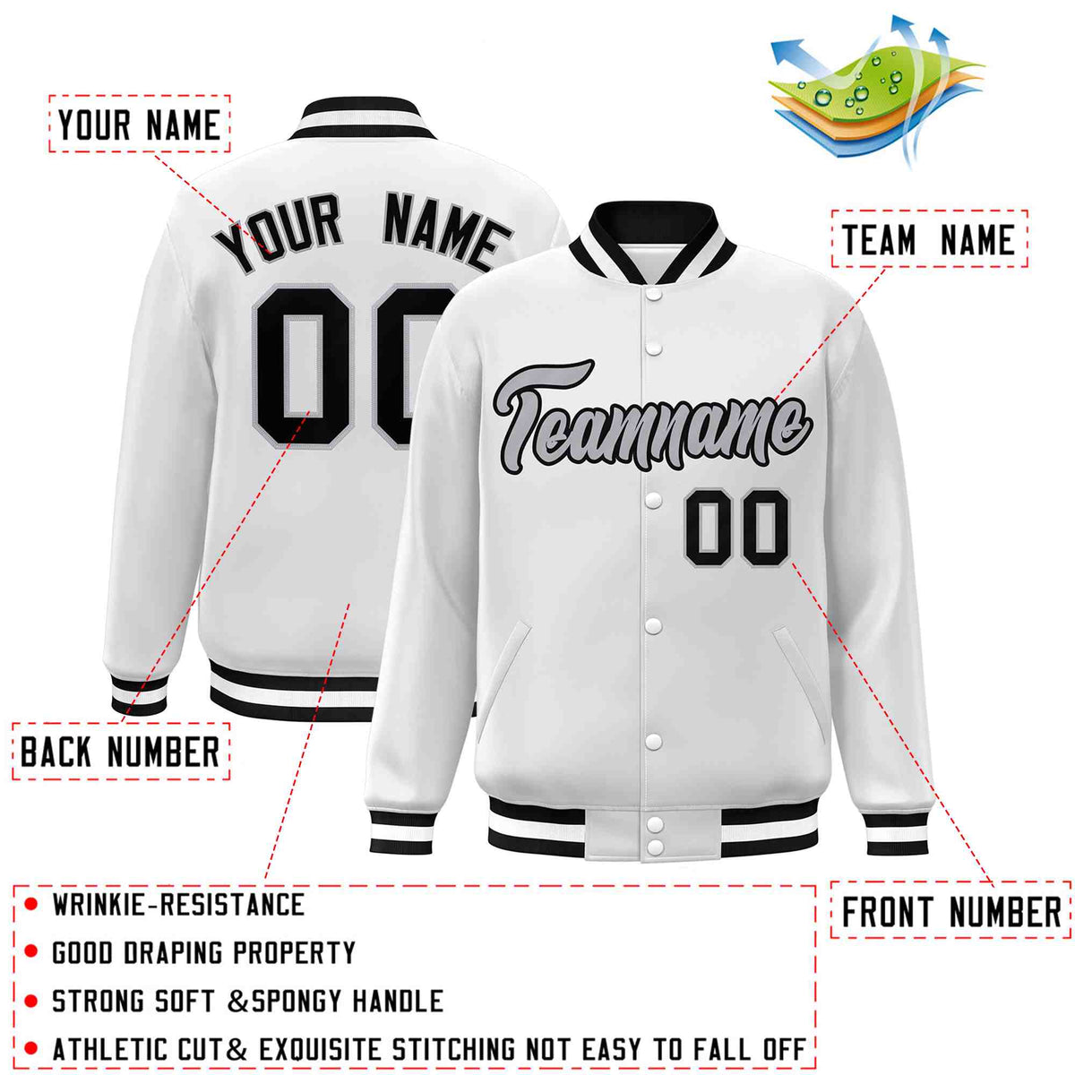 Custom White Black-Gray Classic Style Varsity Full-Snap Letterman Jacket | KXKSHOP
