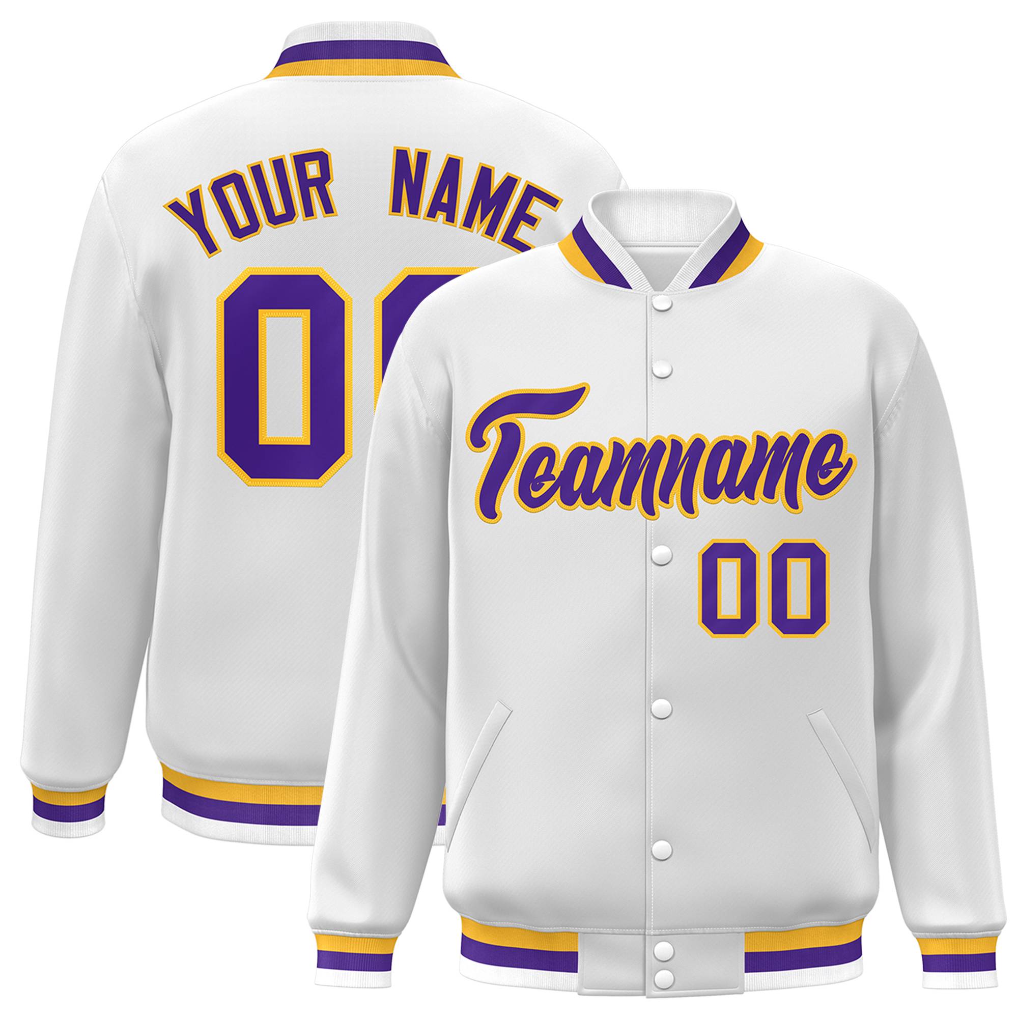 Custom White Purple-Gold Classic Style Varsity Full-Snap Letterman Jacket