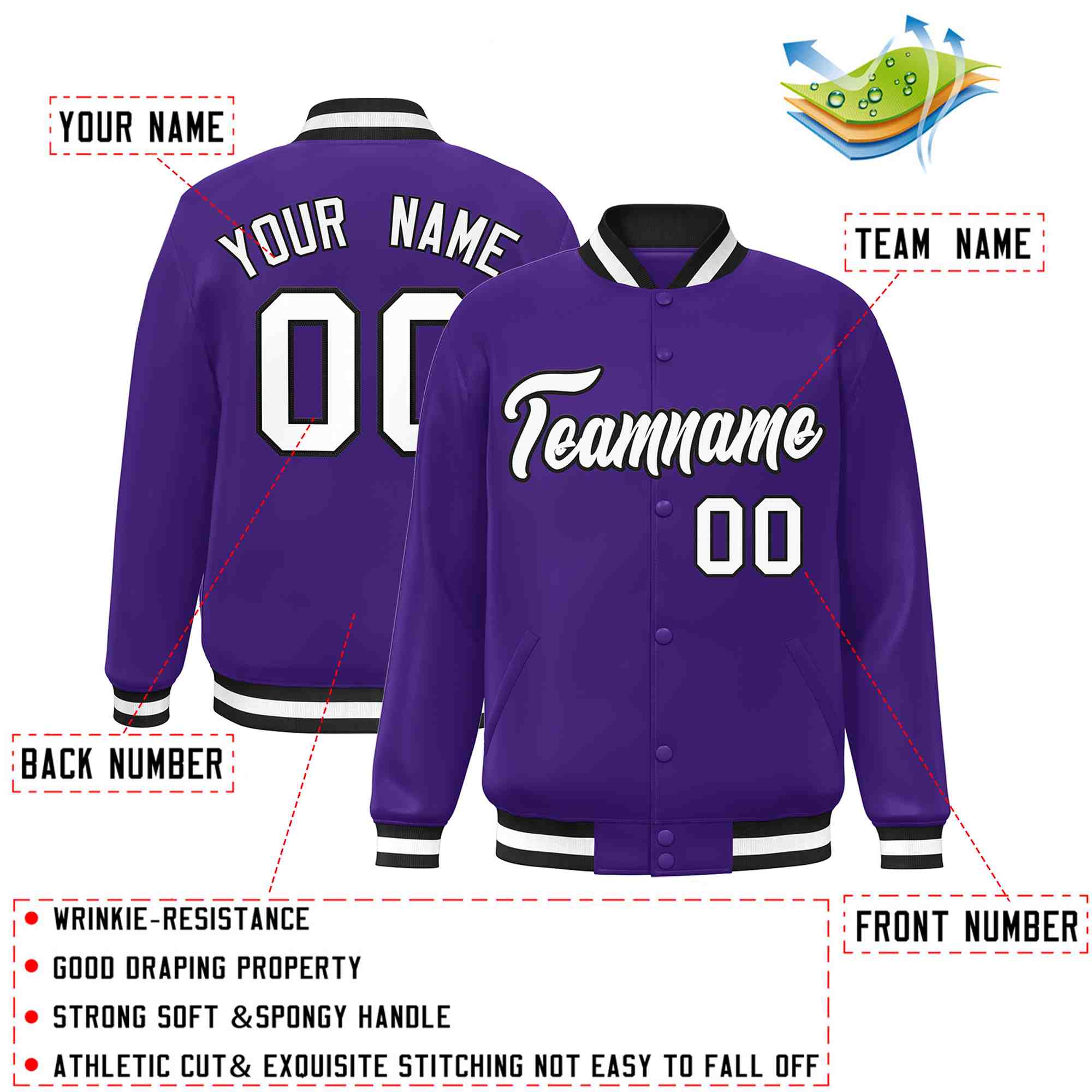 Custom Purple White-Black Classic Style Varsity Full-Snap Letterman Jacket