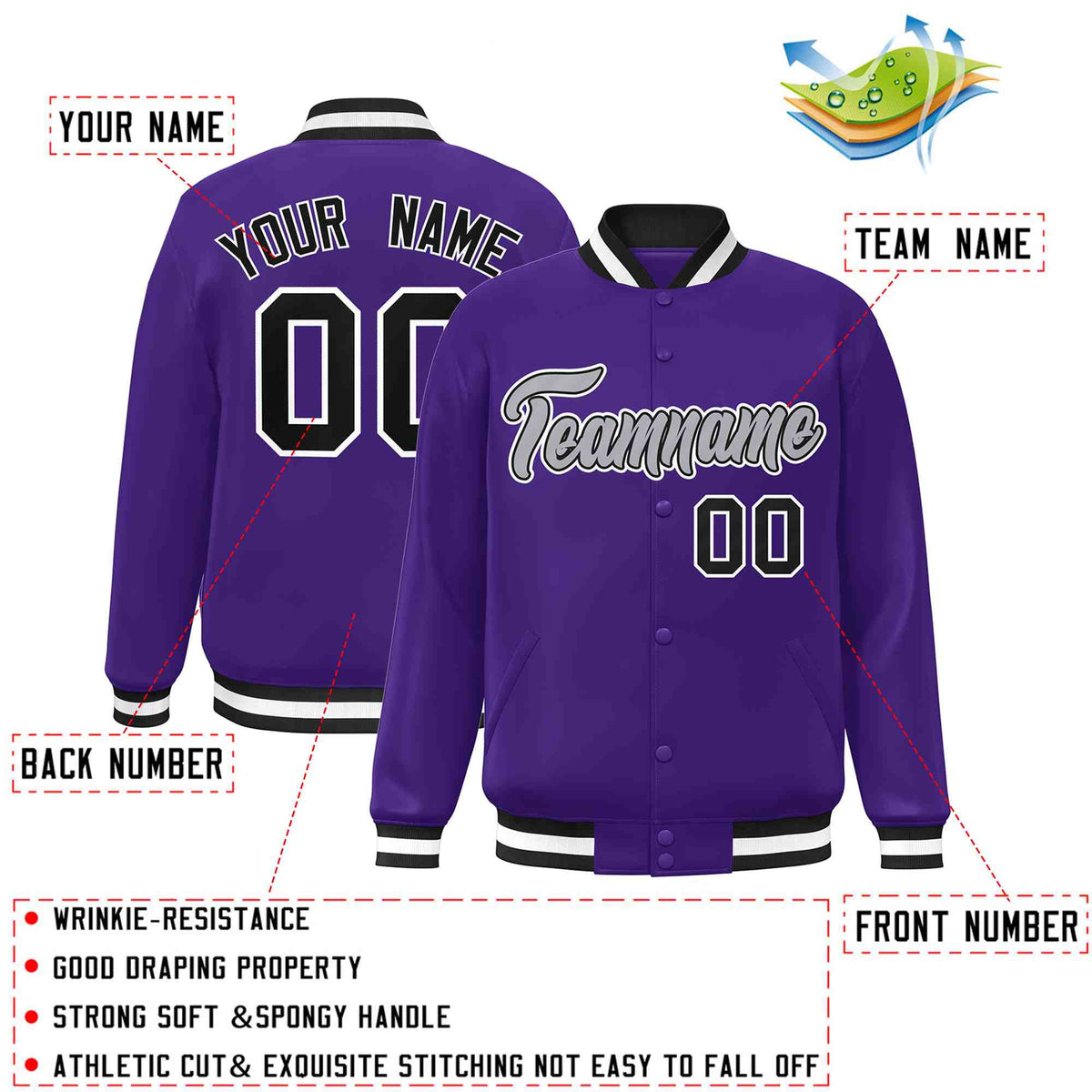 Custom Purple Gray-Black Classic Style Varsity Full-Snap Letterman Jacket