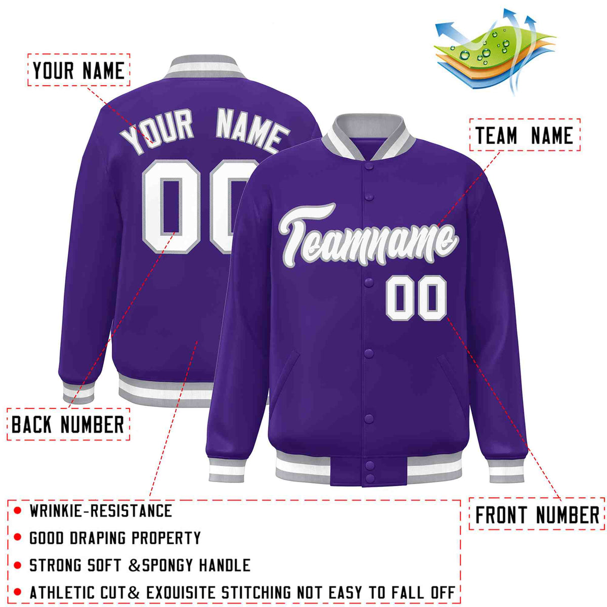 Custom Purple White-Gray Classic Style Varsity Full-Snap Letterman Jacket