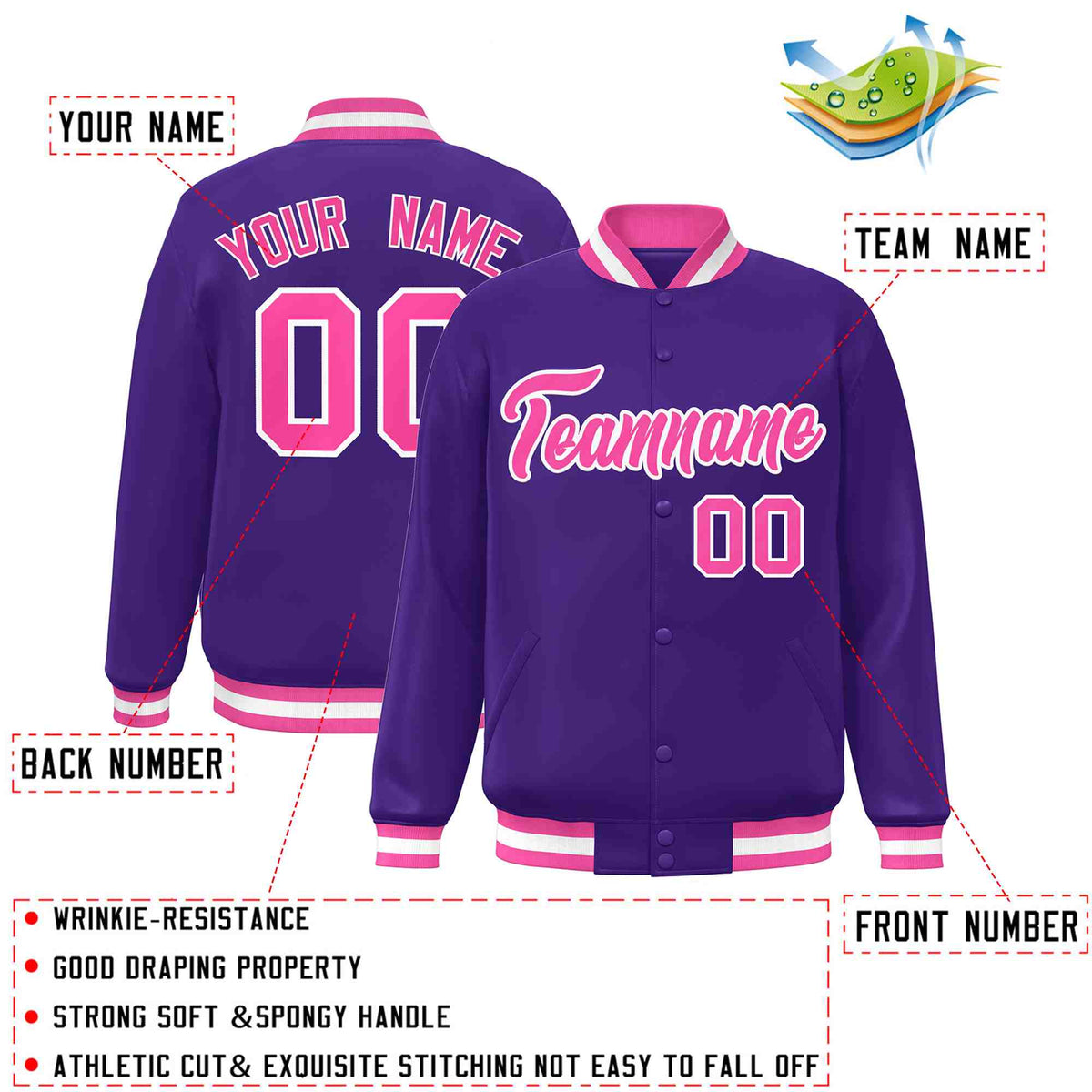 Custom Purple Pink-White Classic Style Varsity Full-Snap Letterman Jacket