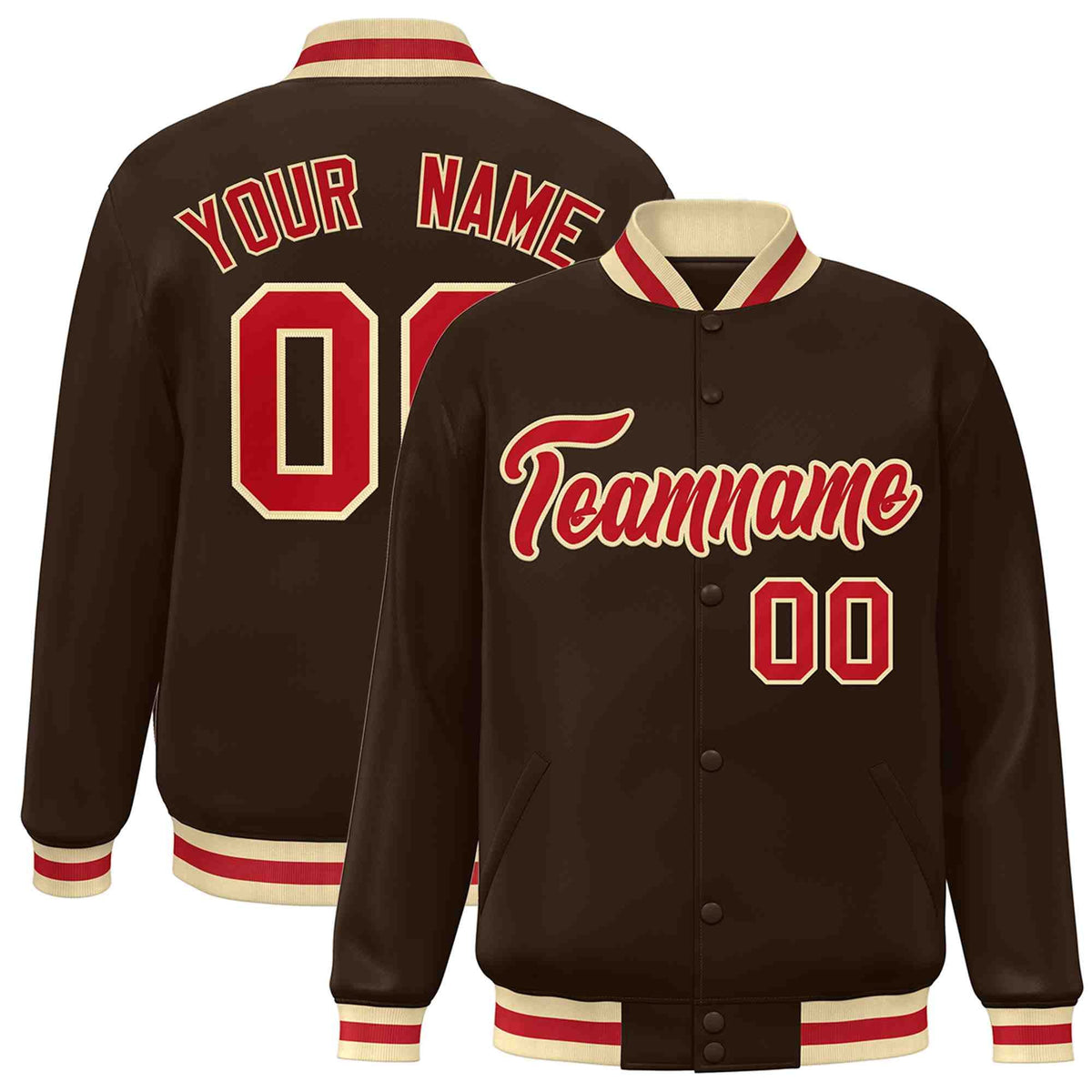 Custom Brown Red-Khaki Classic Style Varsity Full-Snap Letterman Jacket