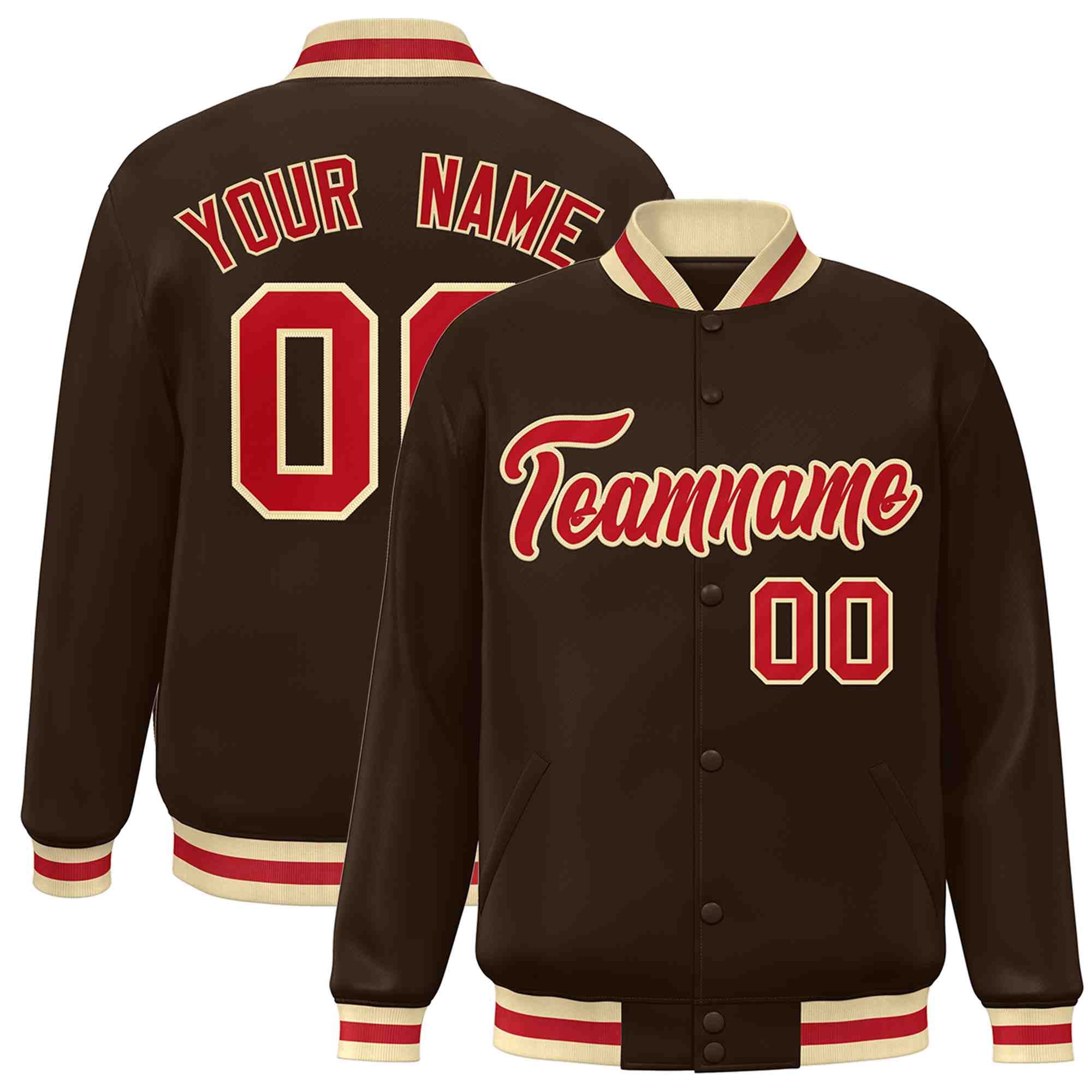 Custom Brown Red-Khaki Classic Style Varsity Full-Snap Letterman Jacket