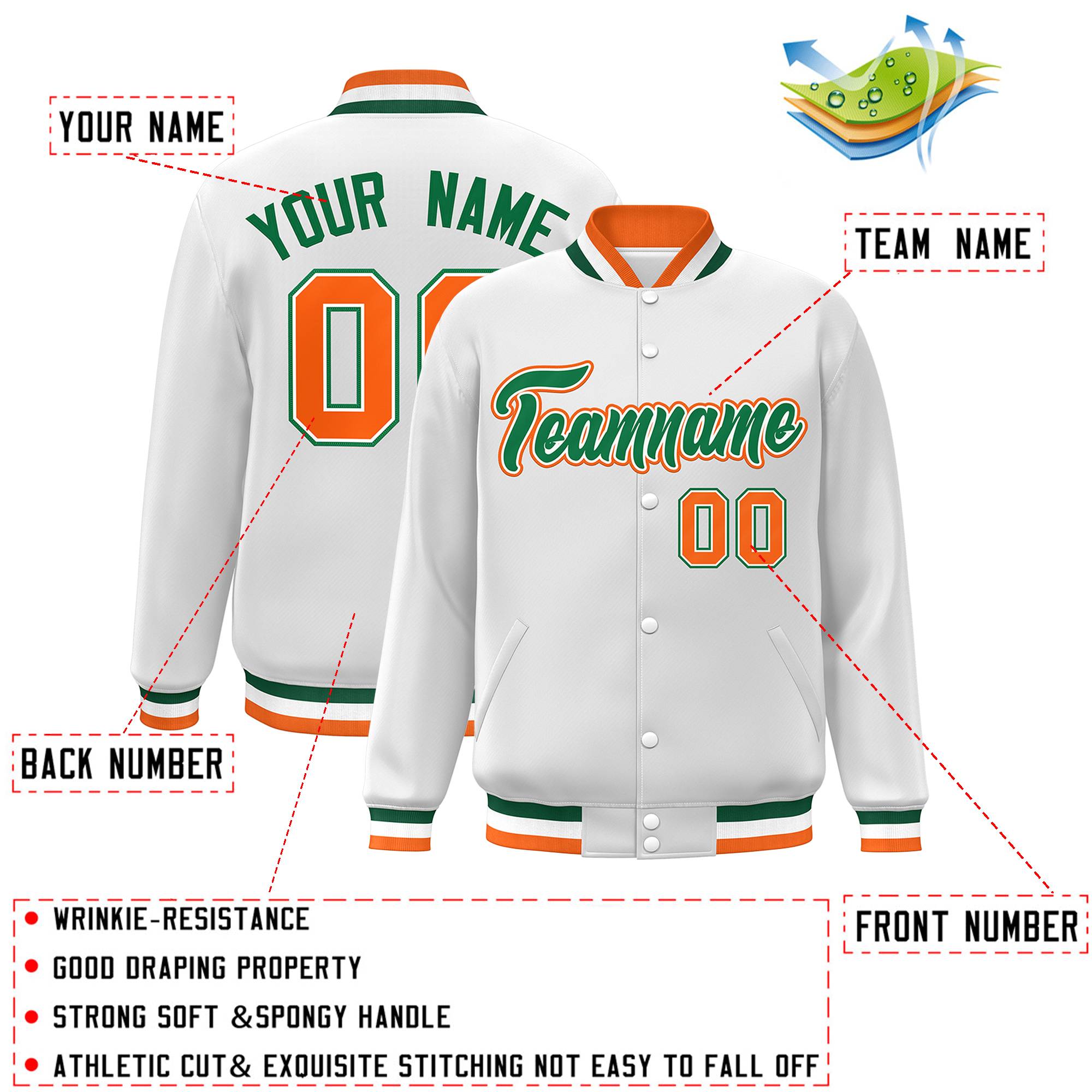 Custom White Green-White Classic Style Varsity Full-Snap Letterman Jacket