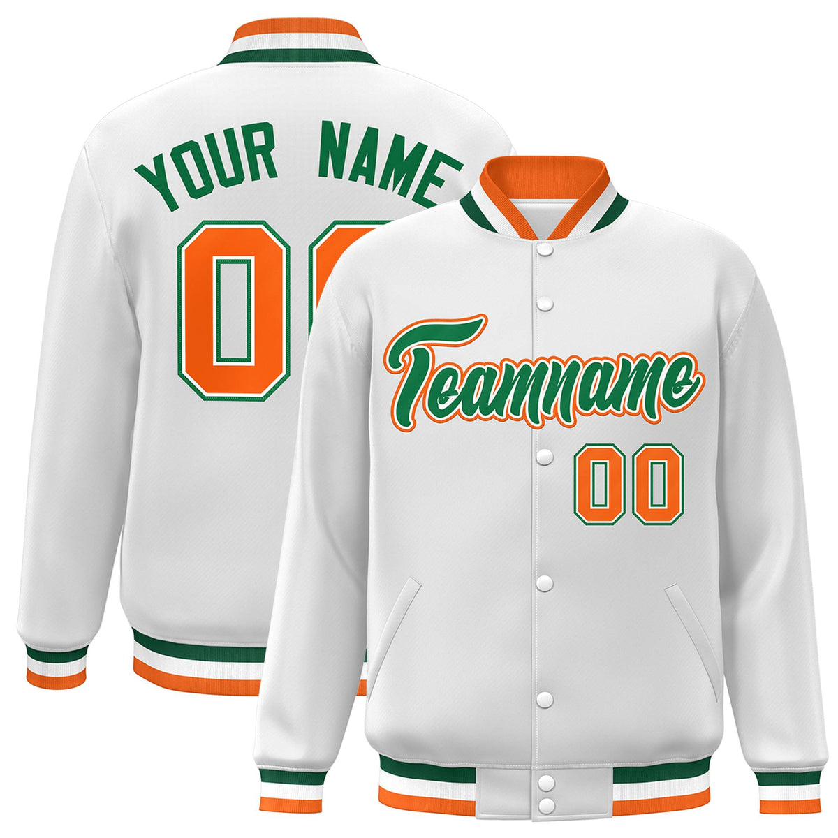 Custom White Green-White Classic Style Varsity Full-Snap Letterman Jacket