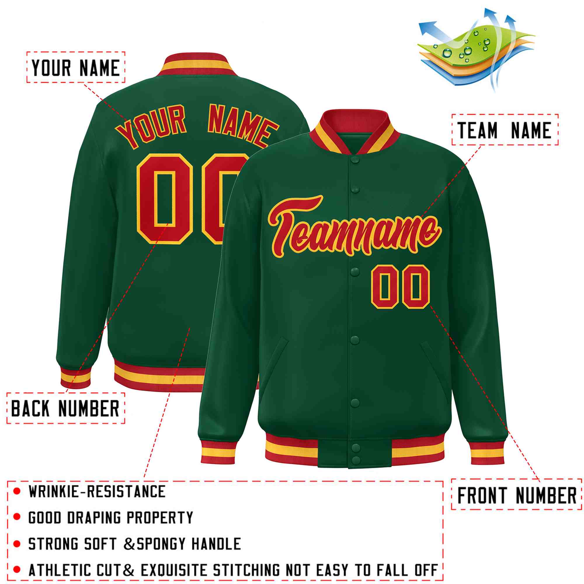 Custom Green Red-Gold Classic Style Varsity Full-Snap Letterman Jacket