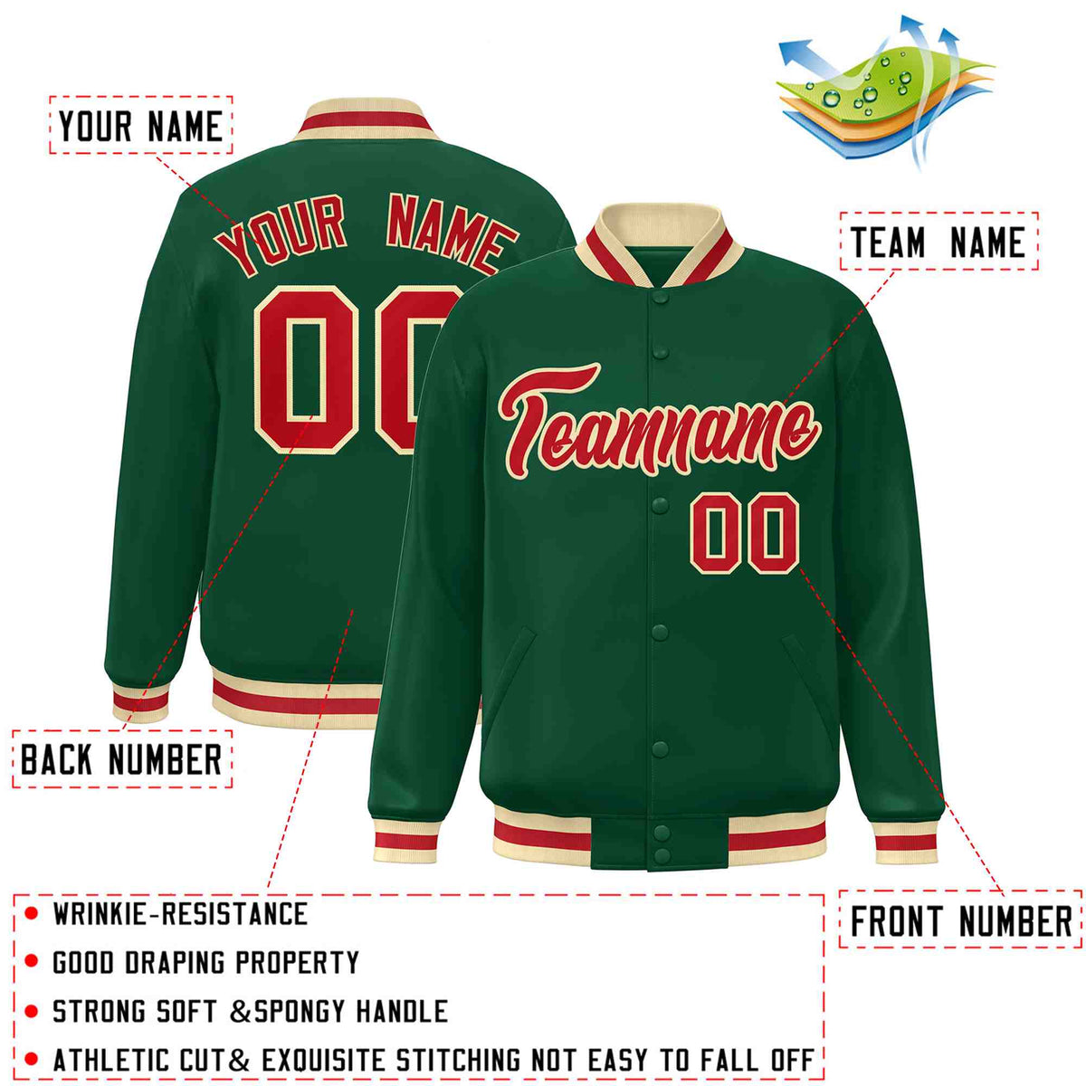 Custom Green Red-Khaki Classic Style Varsity Full-Snap Letterman Jacket