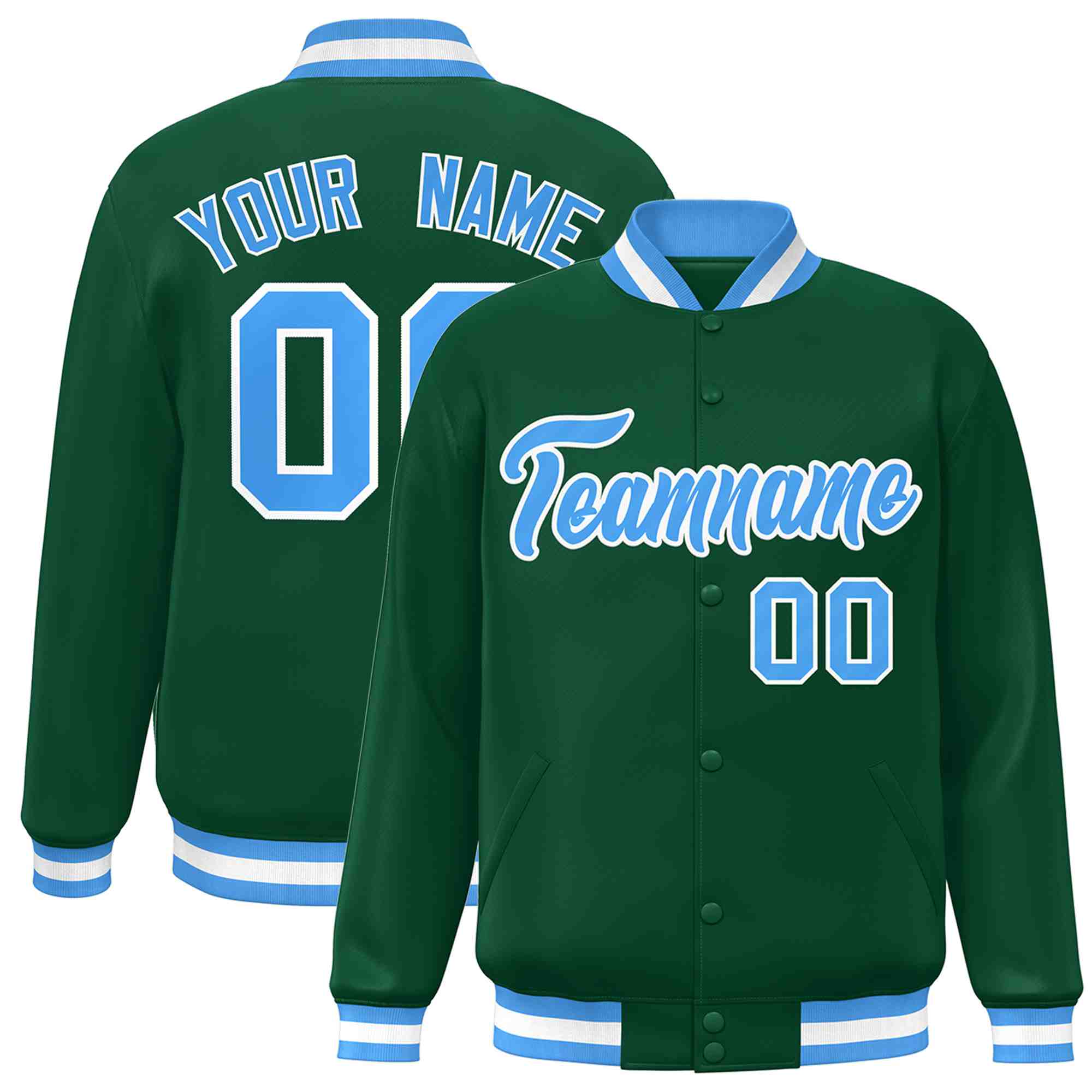 Custom Green Powder Blue-White Classic Style Varsity Full-Snap Letterman Jacket